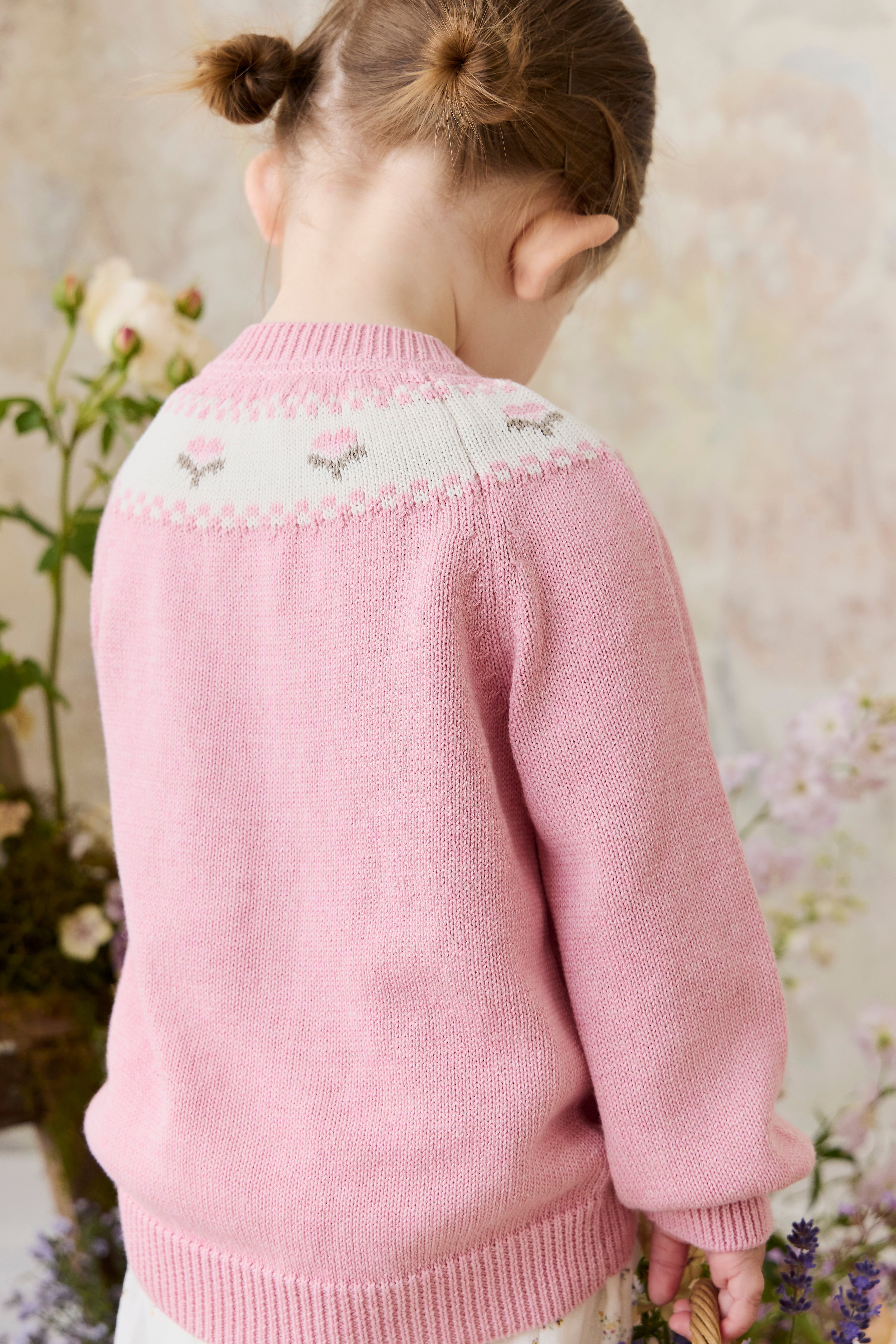 Gilet en tricot jacquard floral rose pour filles en coton, manches ballon, poignets côtelés