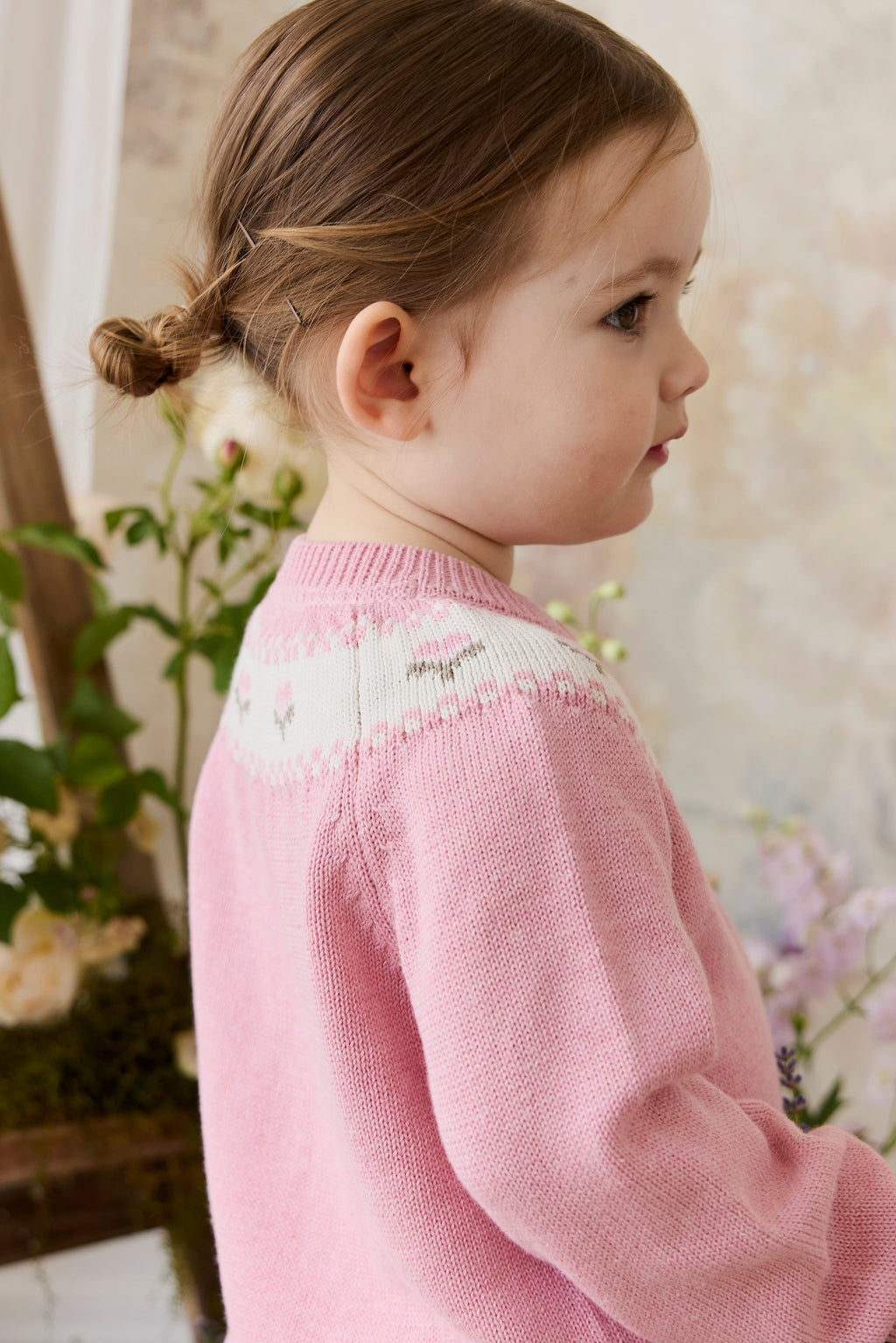 Gilet en tricot jacquard floral rose pour filles en coton, manches ballon, poignets côtelés