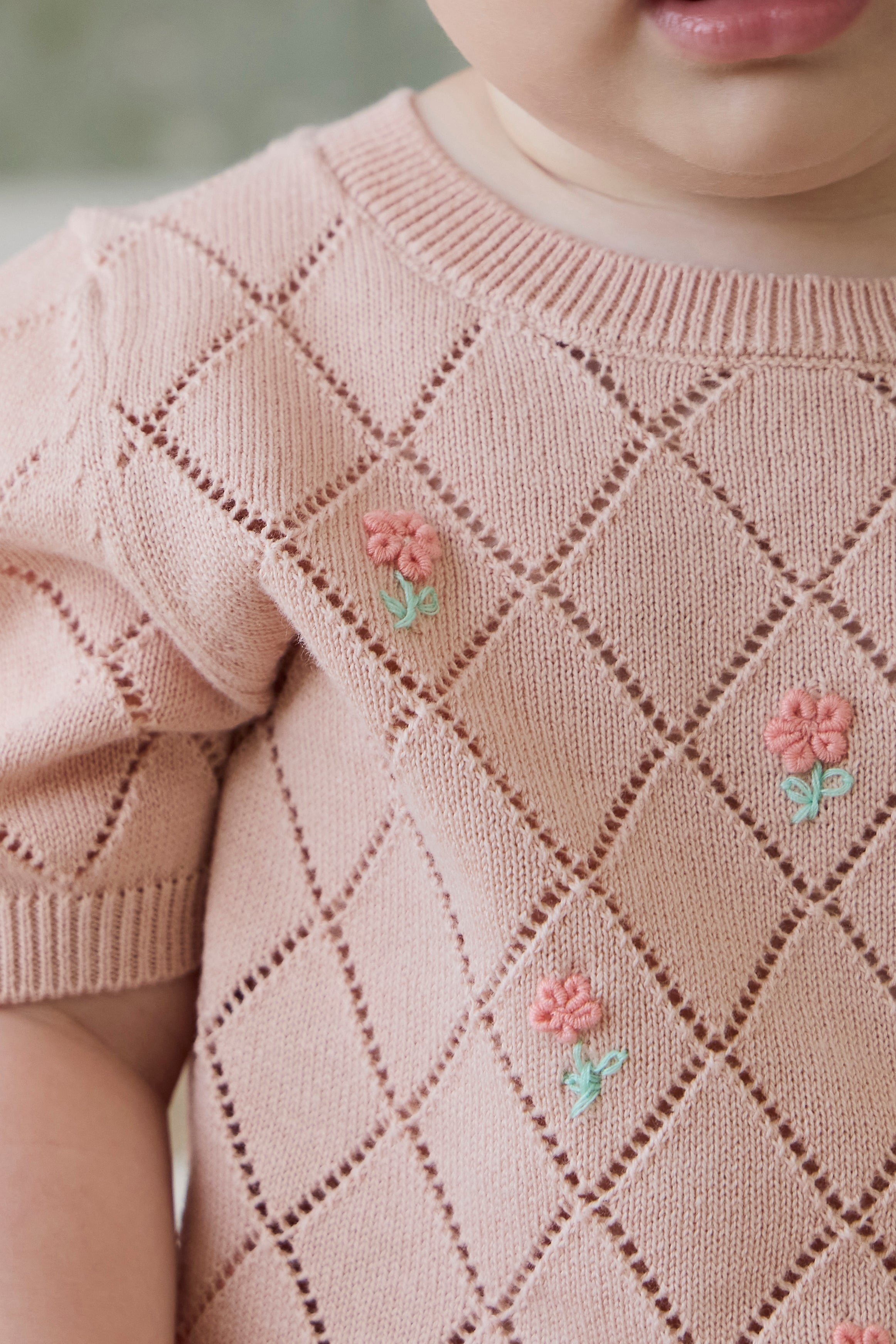 Haut en coton tricoté rose diamant à manches courtes brodé floral pour filles