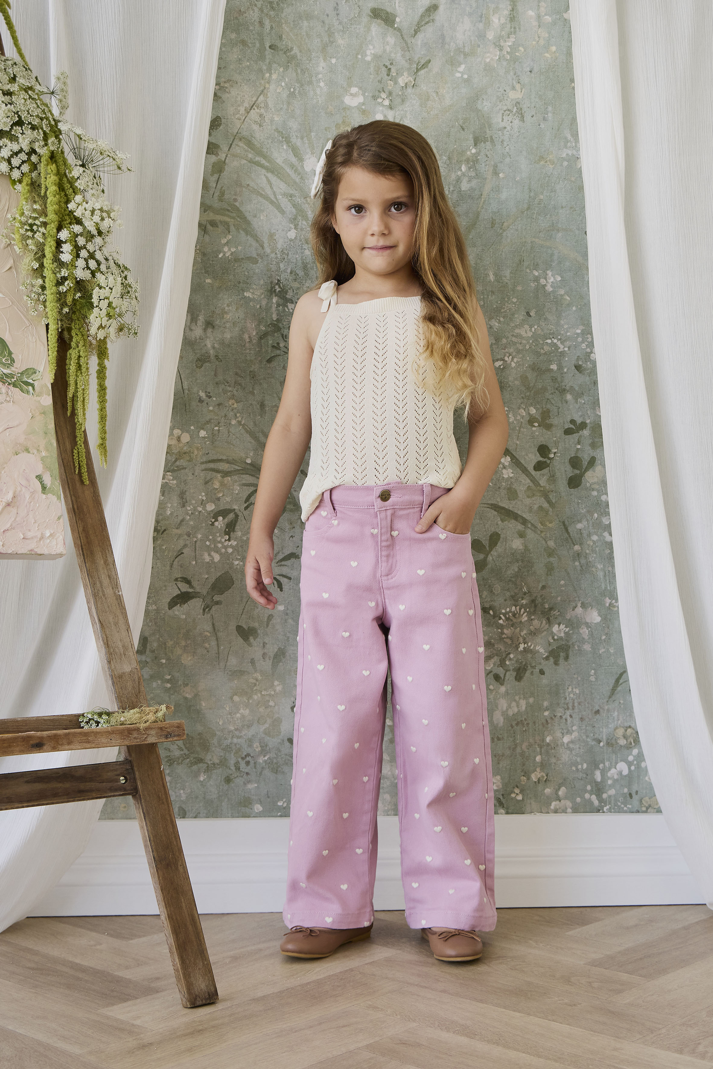 Pantalon en jersey de coton extensible imprimé cœurs rose orchidée pour fille avec taille élastique