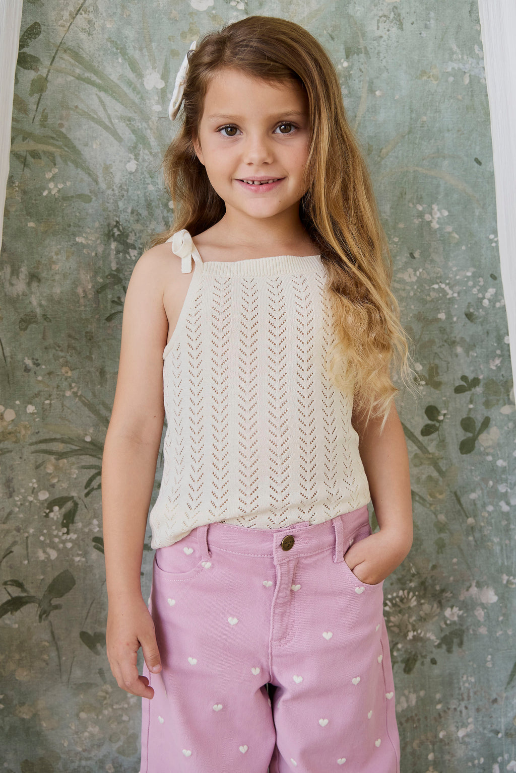 Pantalon en jersey de coton extensible imprimé cœurs rose orchidée pour fille avec taille élastique