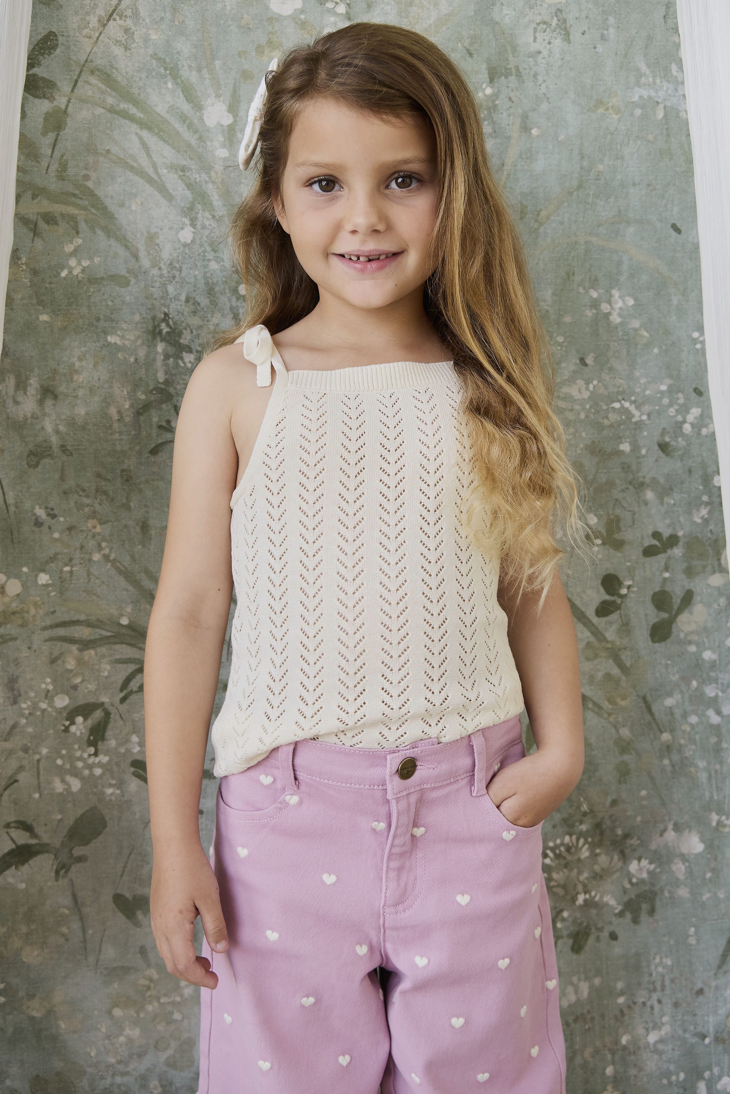 Pantalon en jersey de coton extensible imprimé cœurs rose orchidée pour fille avec taille élastique