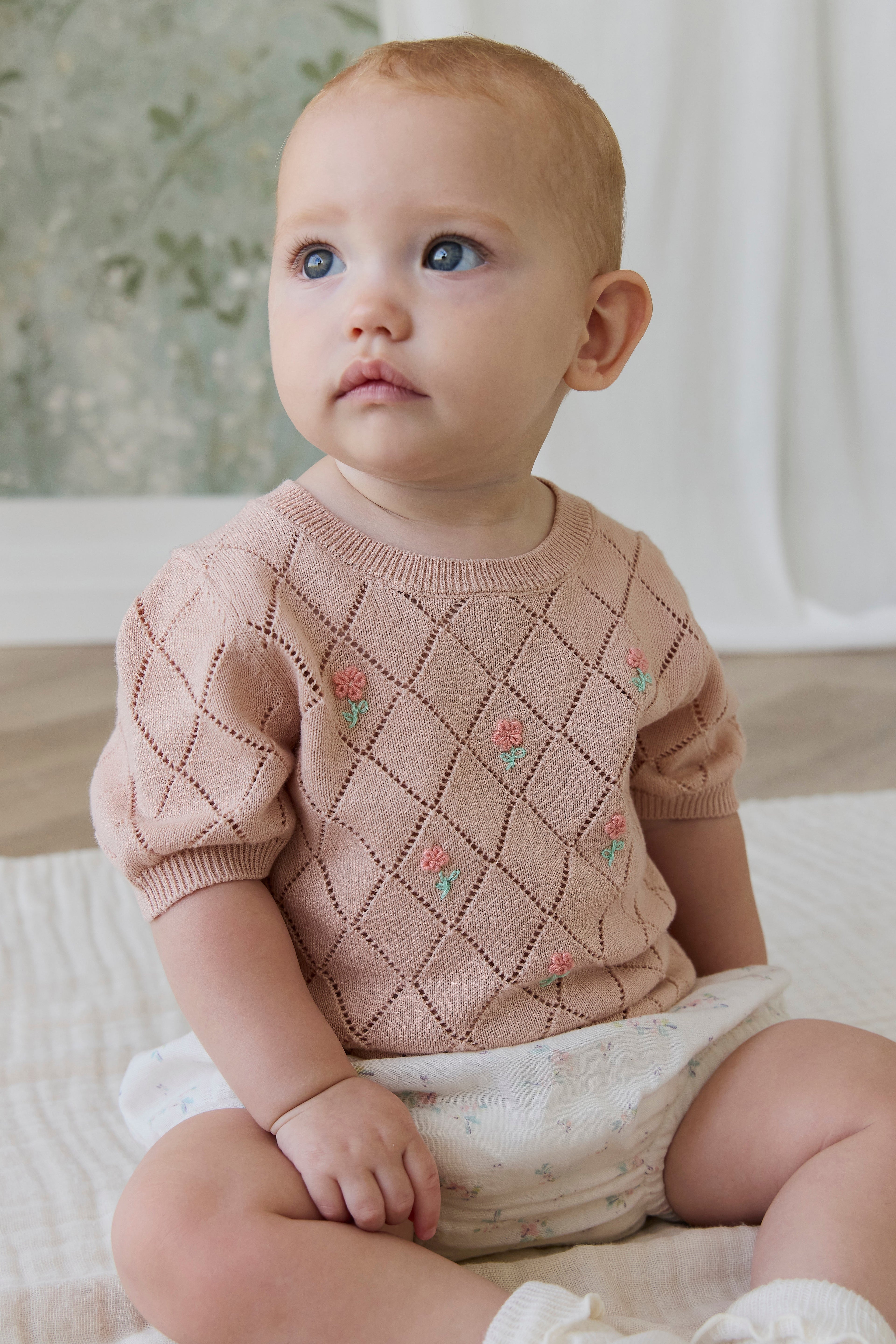 Haut en coton tricoté rose diamant à manches courtes brodé floral pour filles