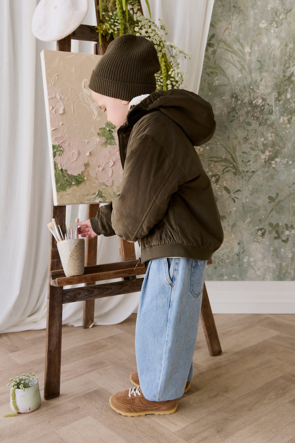 Blouson à capuche en velours côtelé vert olive foncé pour garçon avec doublure en peluche et poignets côtelés