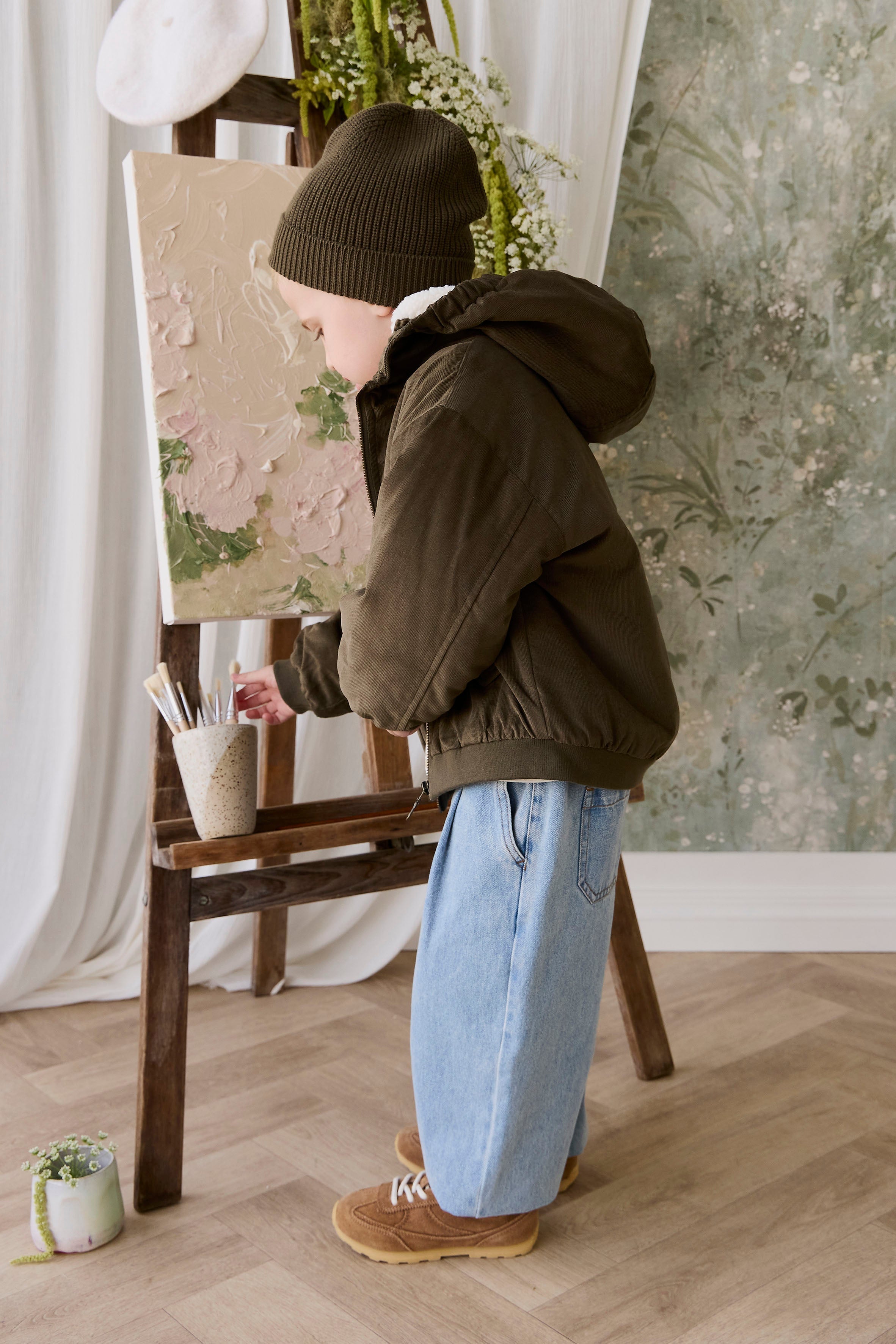 Blouson à capuche en velours côtelé vert olive foncé pour garçon avec doublure en peluche et poignets côtelés