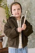 Blouson à capuche en velours côtelé vert olive foncé pour garçon avec doublure en peluche et poignets côtelés