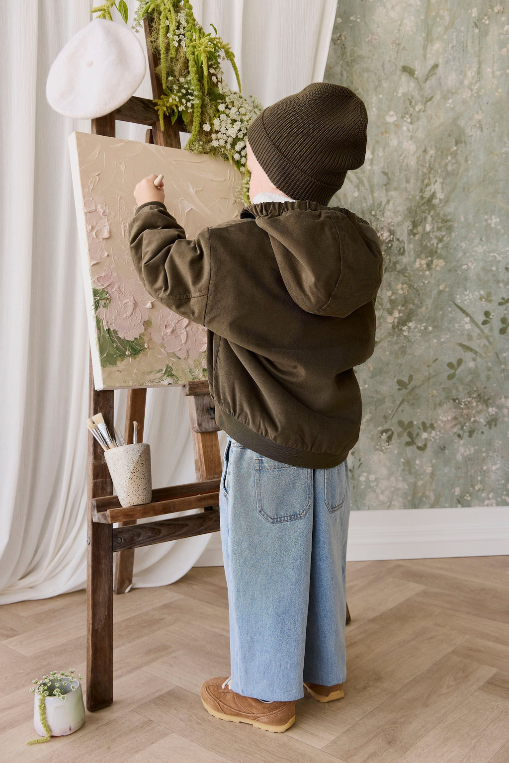 Blouson à capuche en velours côtelé vert olive foncé pour garçon avec doublure en peluche et poignets côtelés