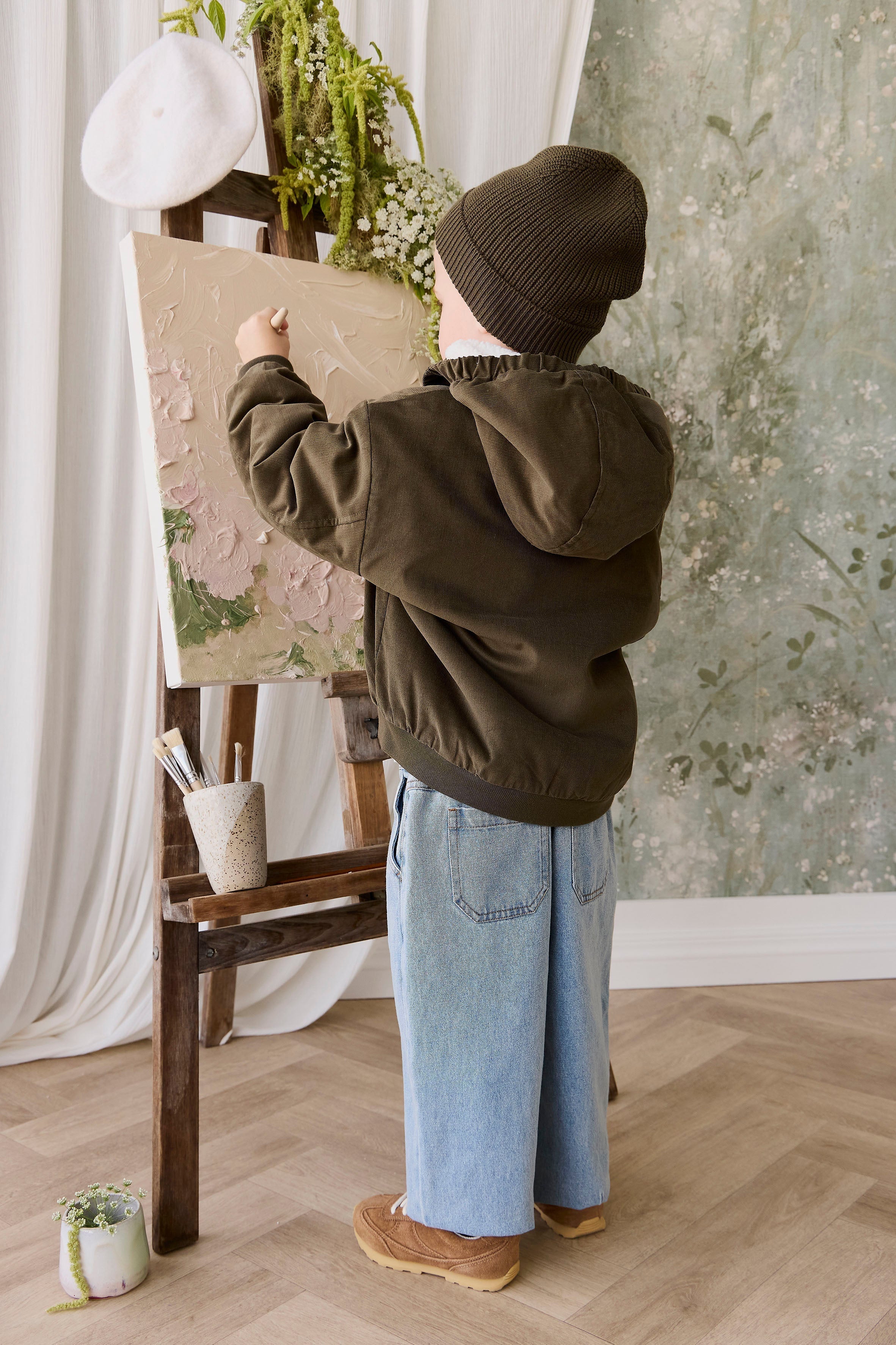 Blouson à capuche en velours côtelé vert olive foncé pour garçon avec doublure en peluche et poignets côtelés