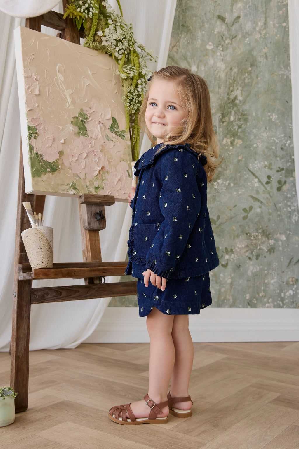 Doudoune matelassée à volants imprimé floral pour fille en coton bleu indigo