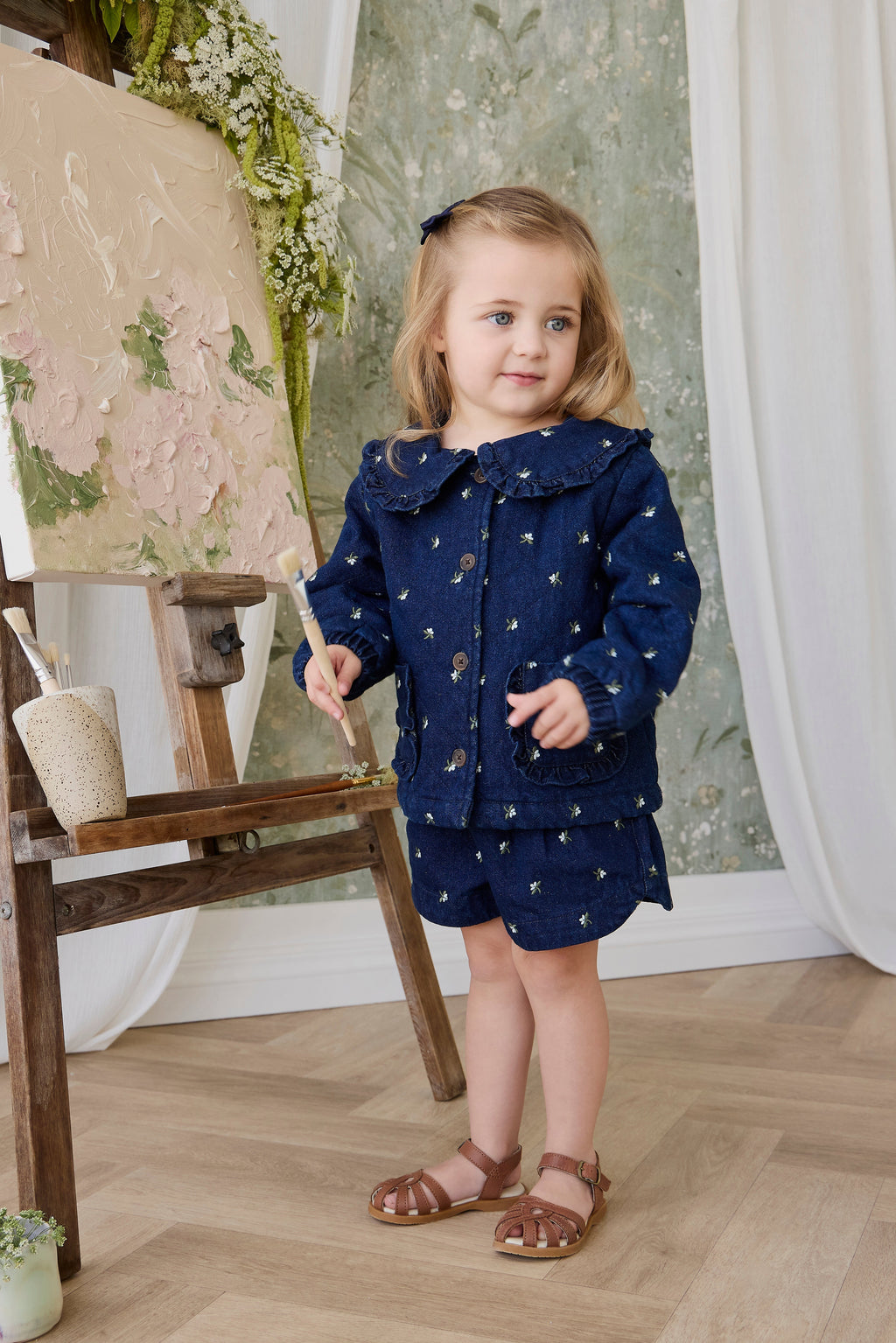 Doudoune matelassée à volants imprimé floral pour fille en coton bleu indigo