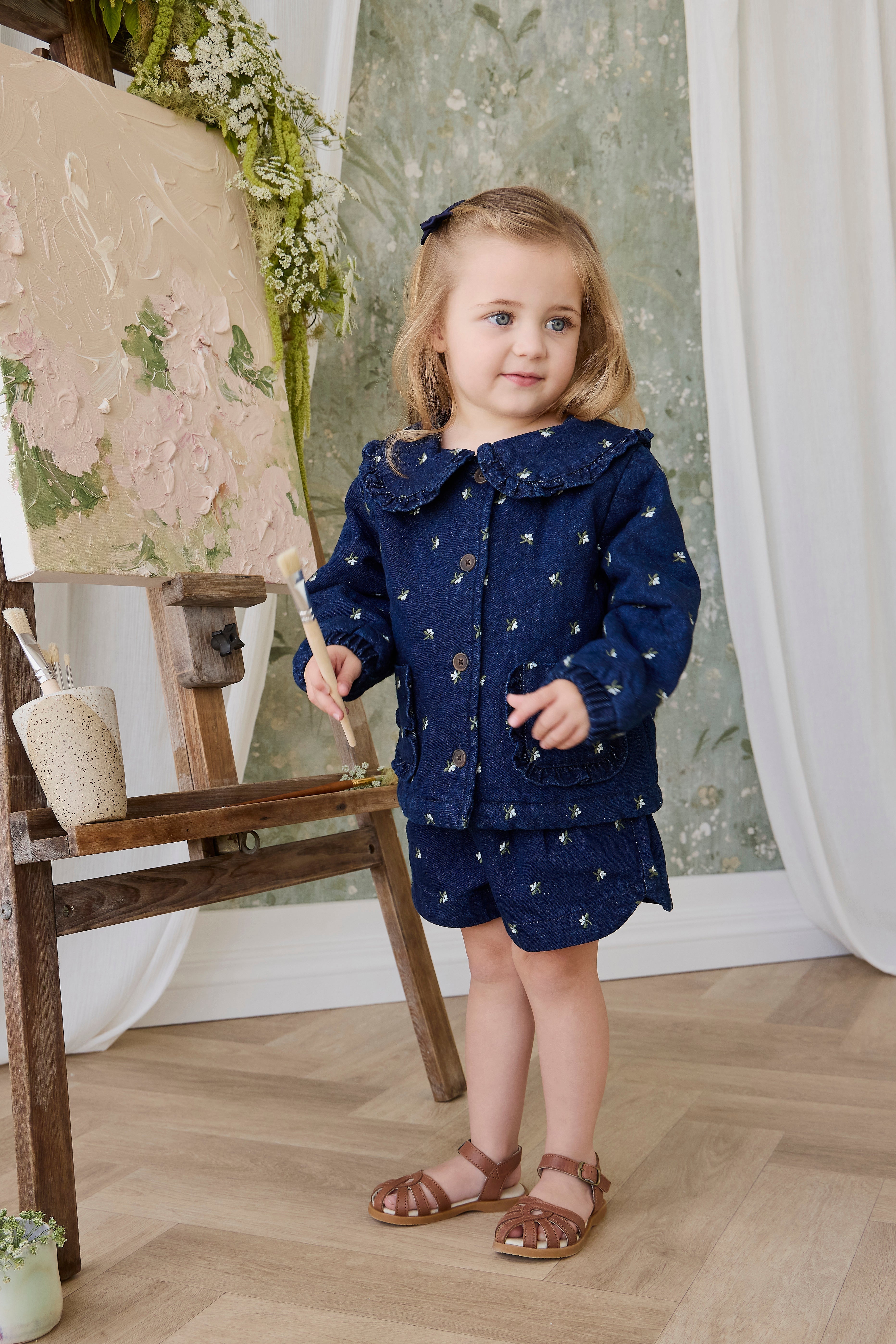 Doudoune matelassée à volants imprimé floral pour fille en coton bleu indigo