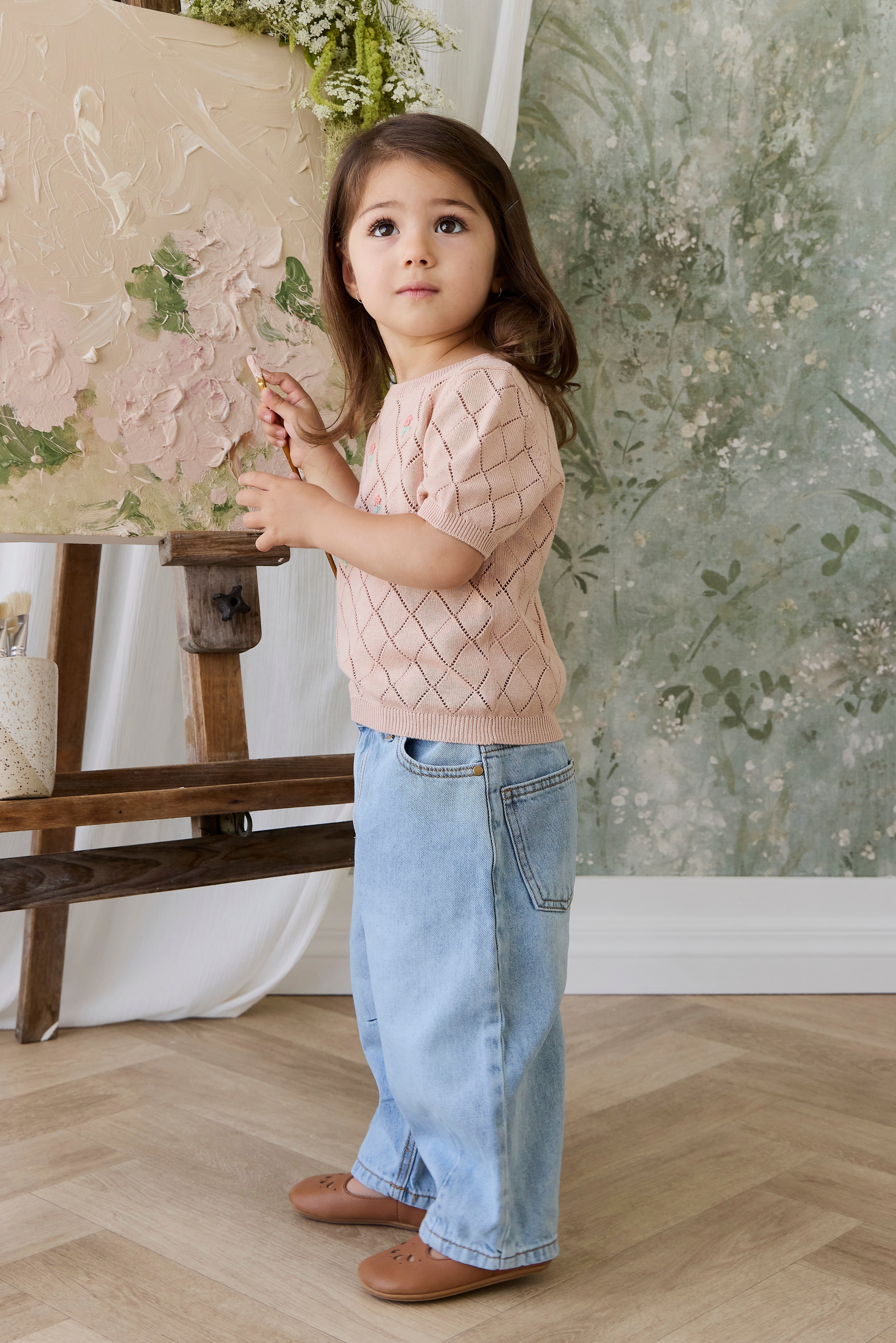 Haut en coton tricoté rose diamant à manches courtes brodé floral pour filles