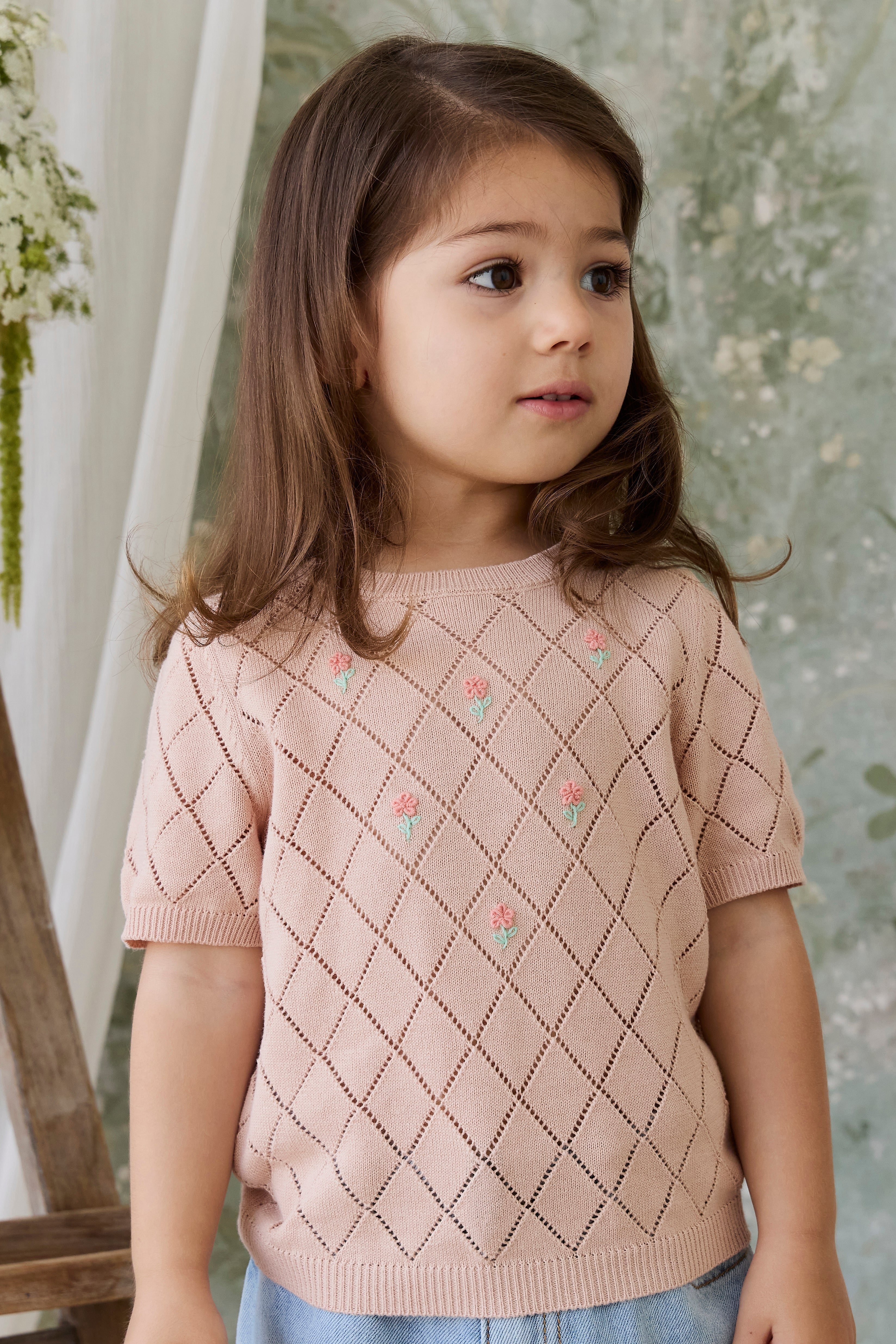 Haut en coton tricoté rose diamant à manches courtes brodé floral pour filles