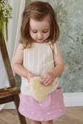 Jupe Courte Fille Cœur Brodé Coton Rose Orchidée Taille Élastique