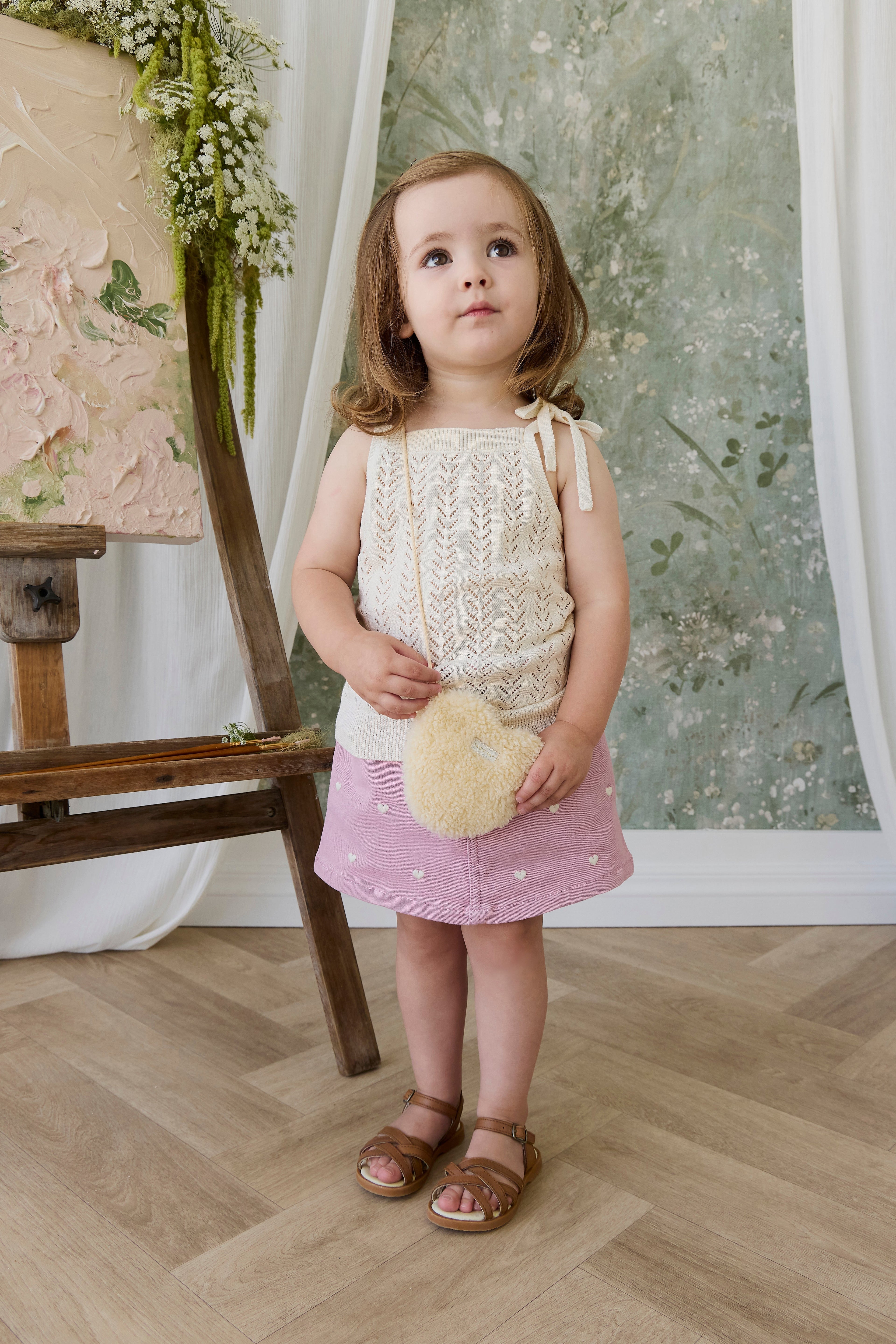Jupe Courte Fille Cœur Brodé Coton Rose Orchidée Taille Élastique