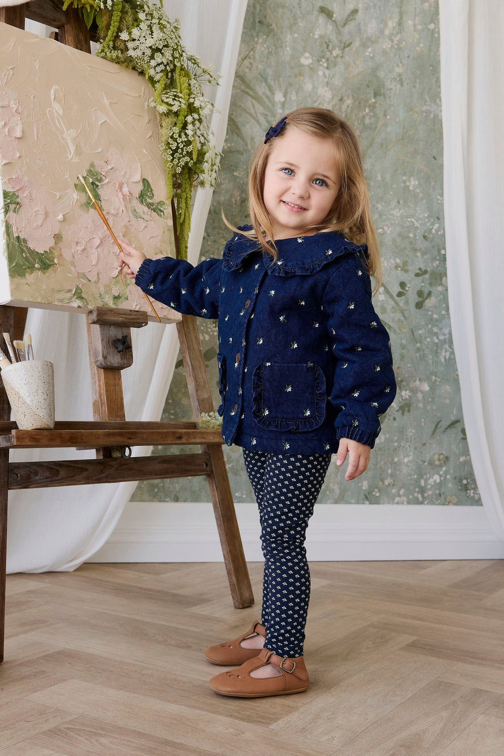 Doudoune matelassée à volants imprimé floral pour fille en coton bleu indigo