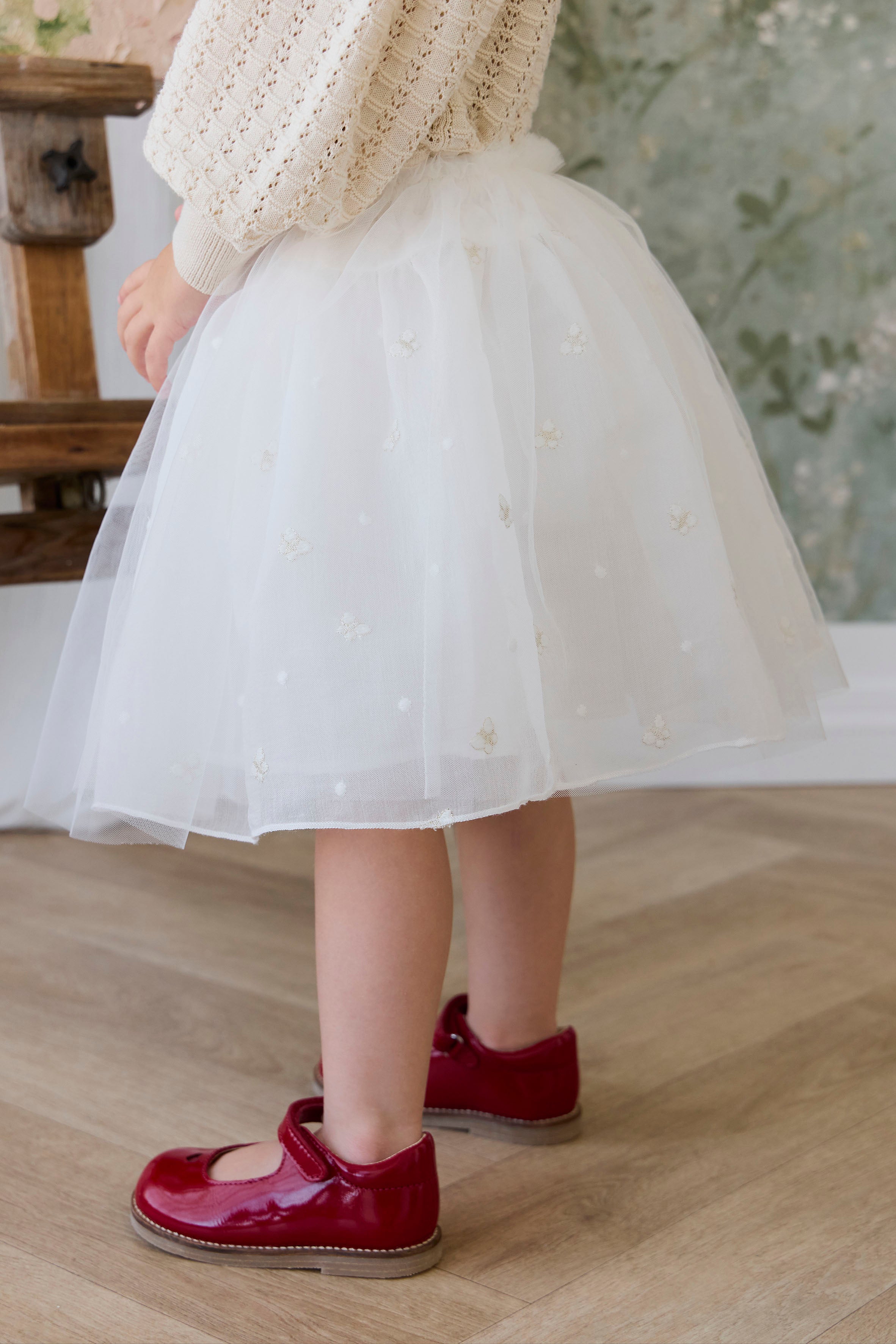 Jupe superposée en tulle brodée papillon parchemin pour fille avec nœud à la taille