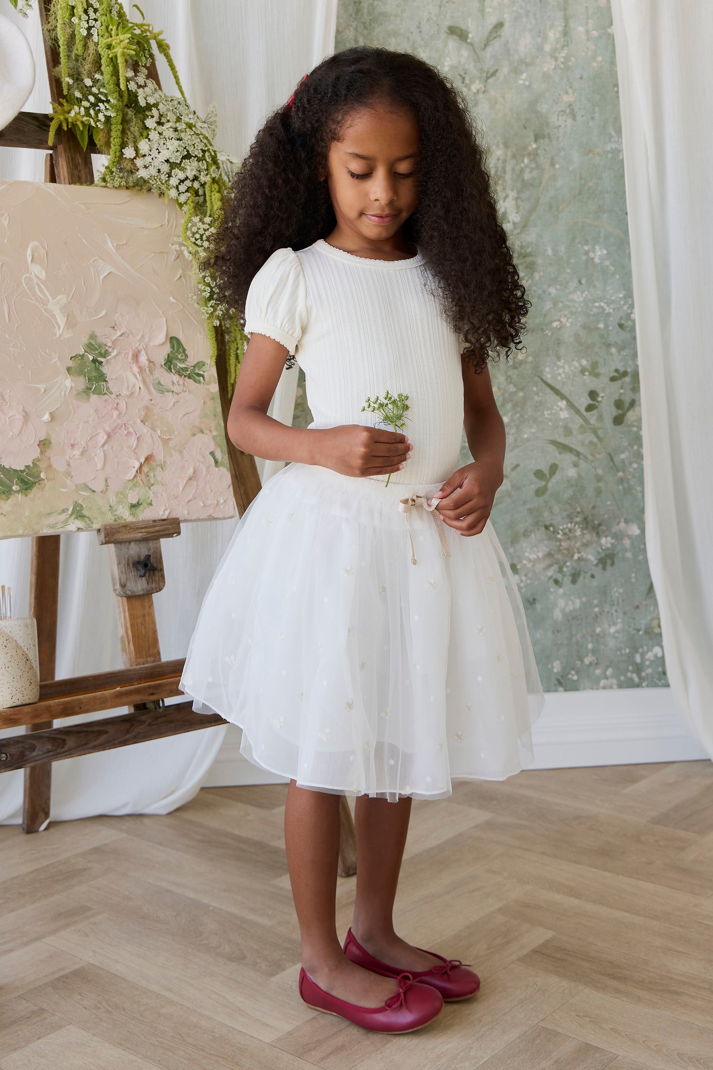 Jupe superposée en tulle brodée papillon parchemin pour fille avec nœud à la taille