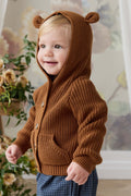 Cardigan bébé en tricot de coton marron chaud à capuche avec oreilles d'ours et poches