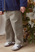Pantalon en coton ajusté pour garçons, vert terreux, taille élastiquée, poches