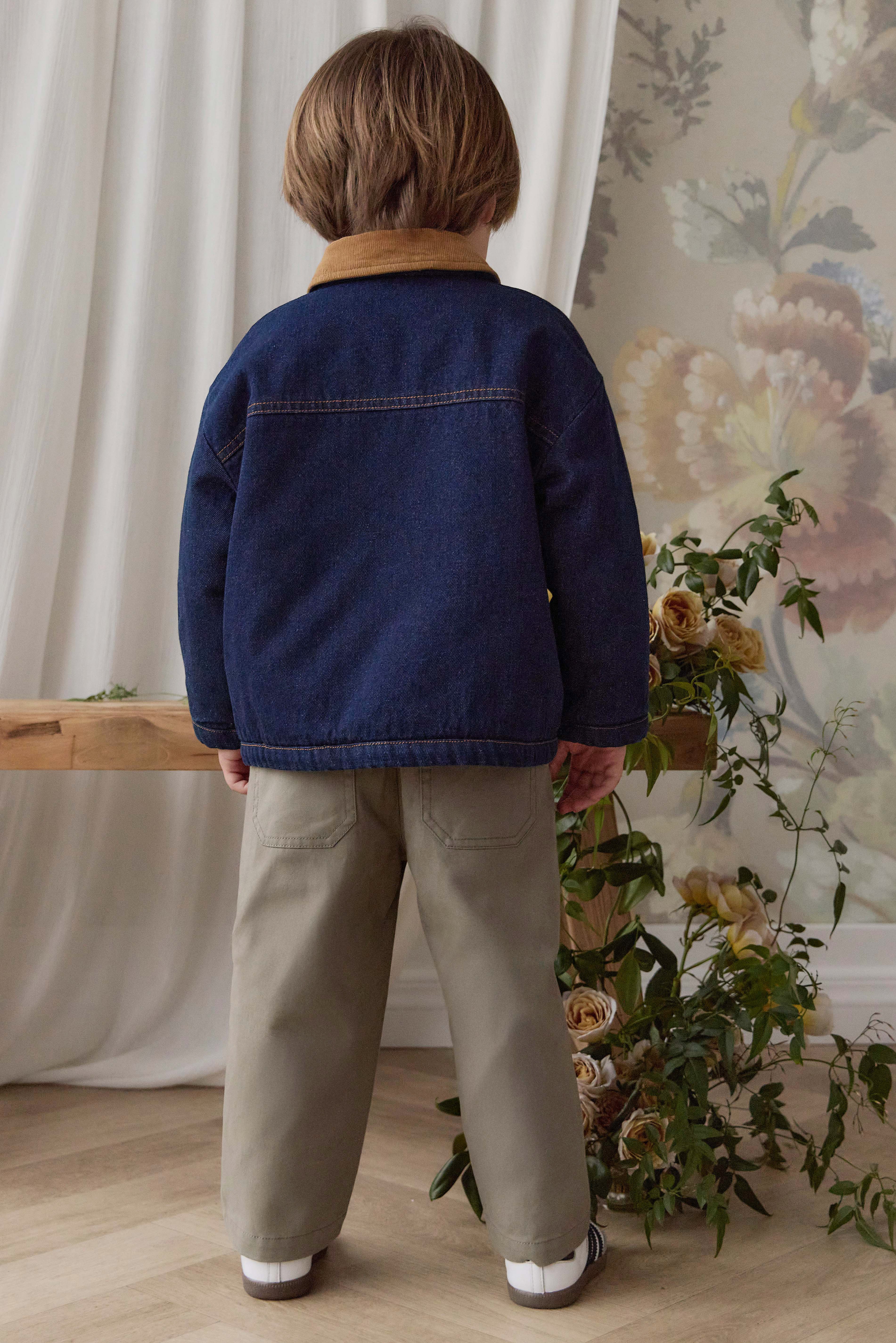 Blouson zippé en jean mi-indigo avec col en velours côtelé pour garçons