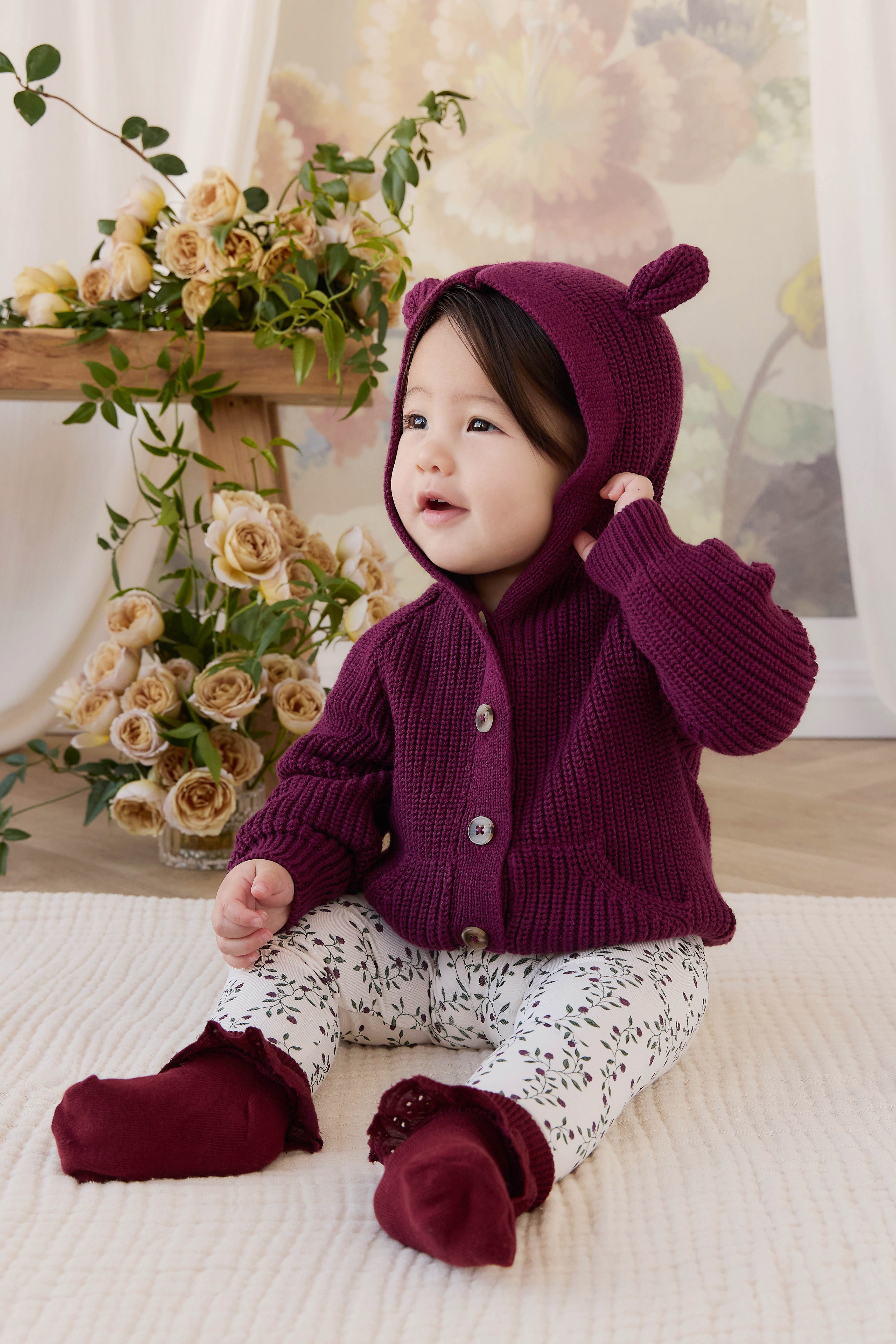 Cardigan en tricot à capuche Oreilles d'ours Bébé Tout-petit Boutonné Doux Mûrier