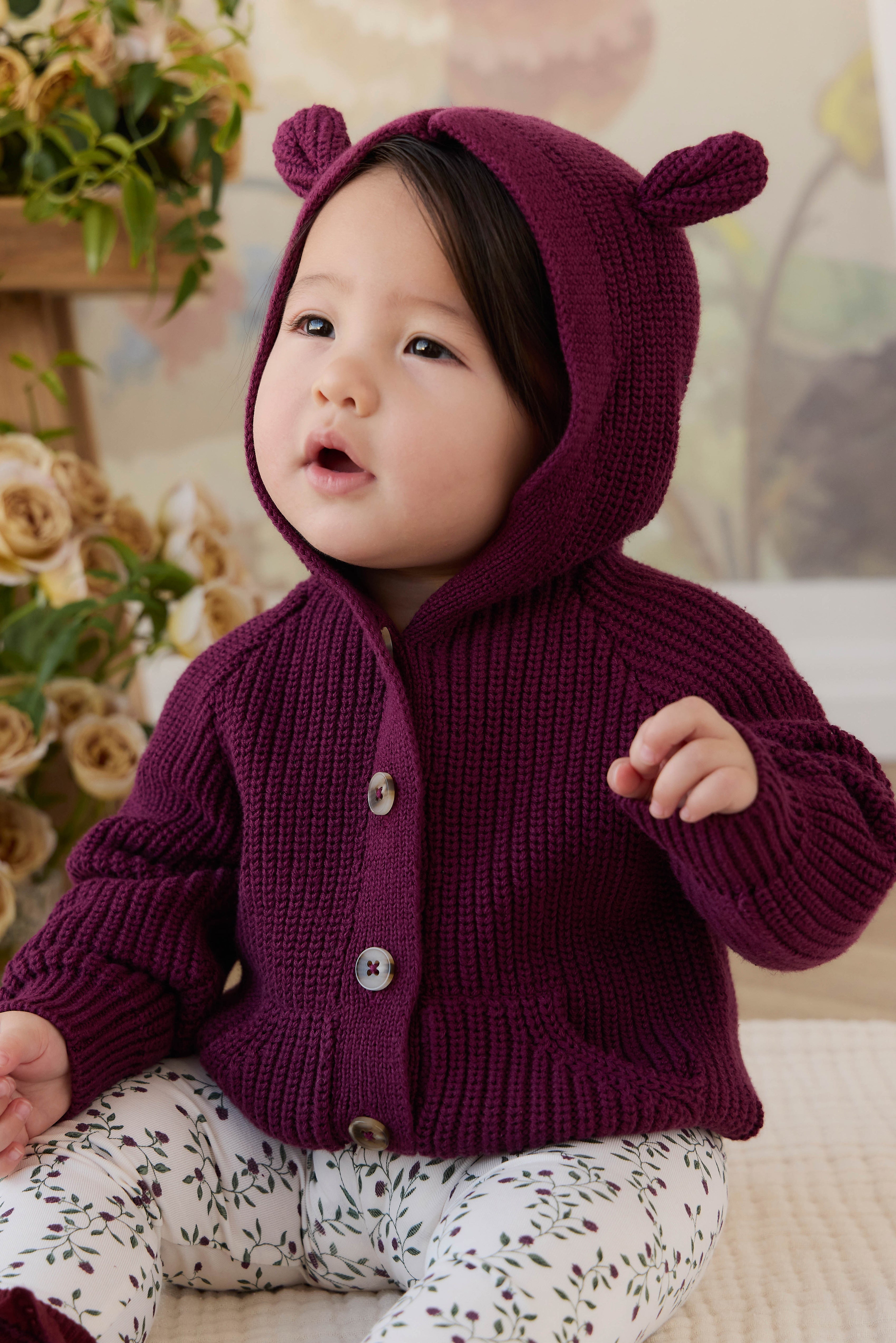 Cardigan en tricot à capuche Oreilles d'ours Bébé Tout-petit Boutonné Doux Mûrier