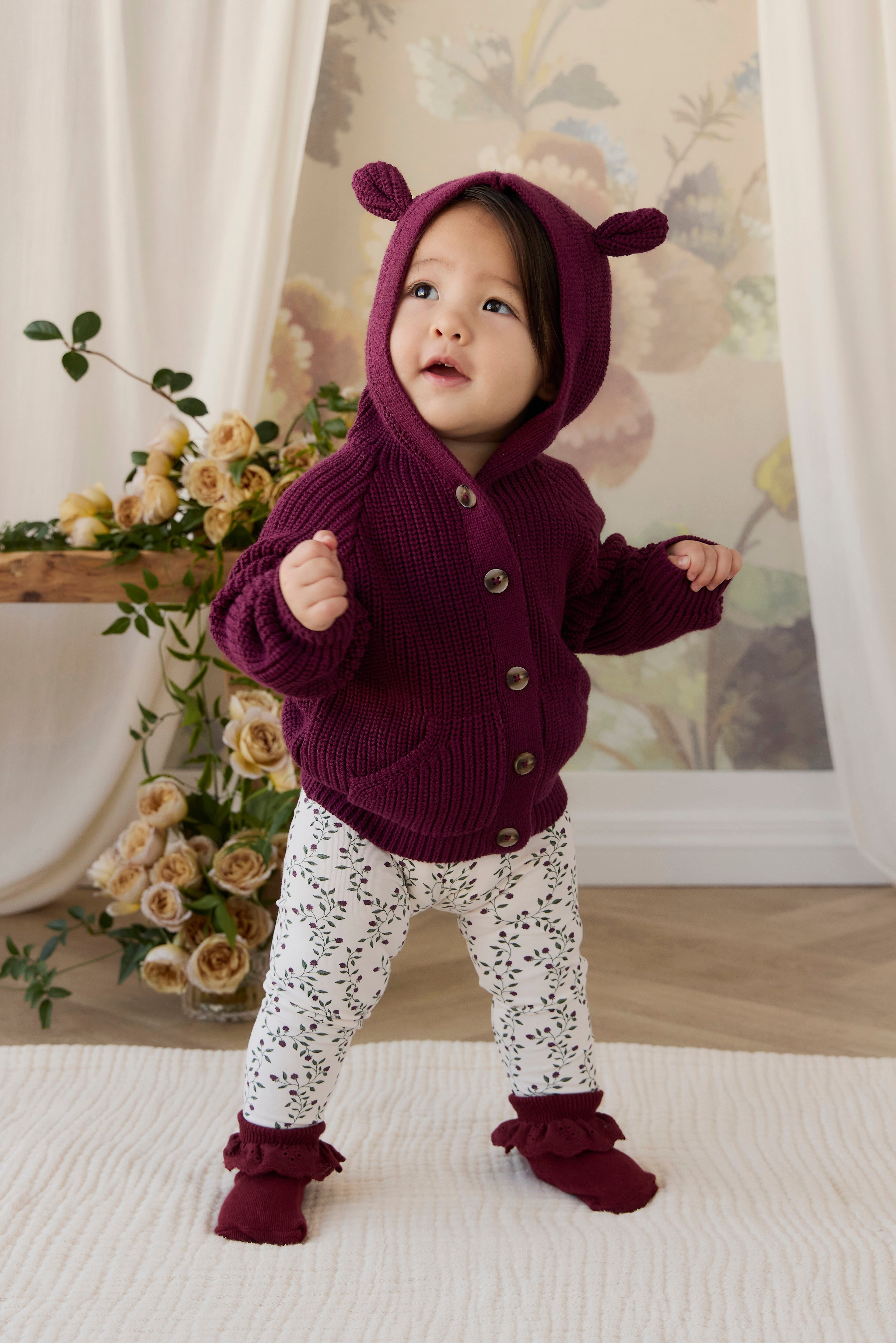 Cardigan en tricot à capuche Oreilles d'ours Bébé Tout-petit Boutonné Doux Mûrier