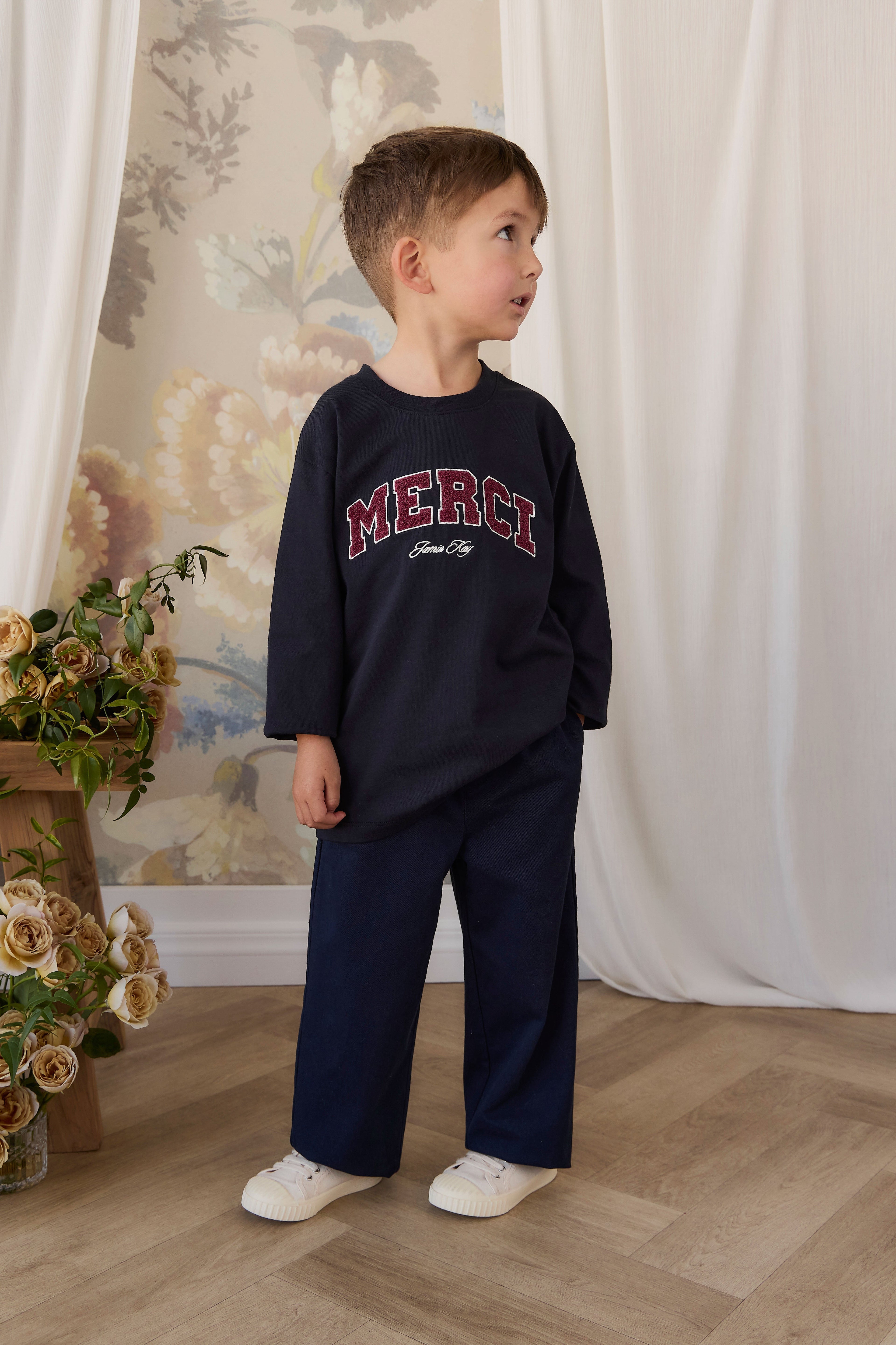 Pantalon Garçon Bleu Marine en Coton Coupé Ceinture Élastique Coupe Structurée