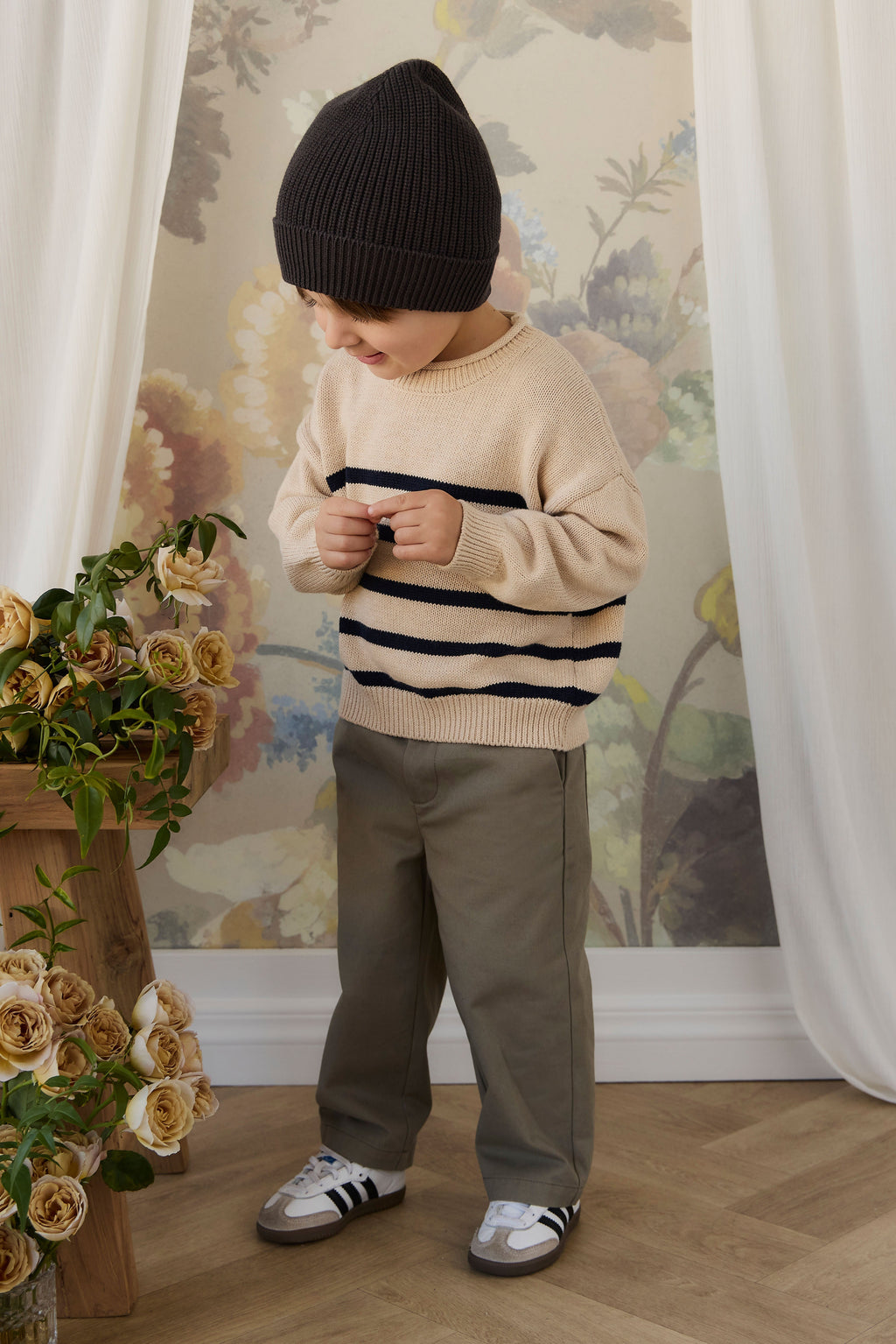 Pantalon en coton ajusté pour garçons, vert terreux, taille élastiquée, poches