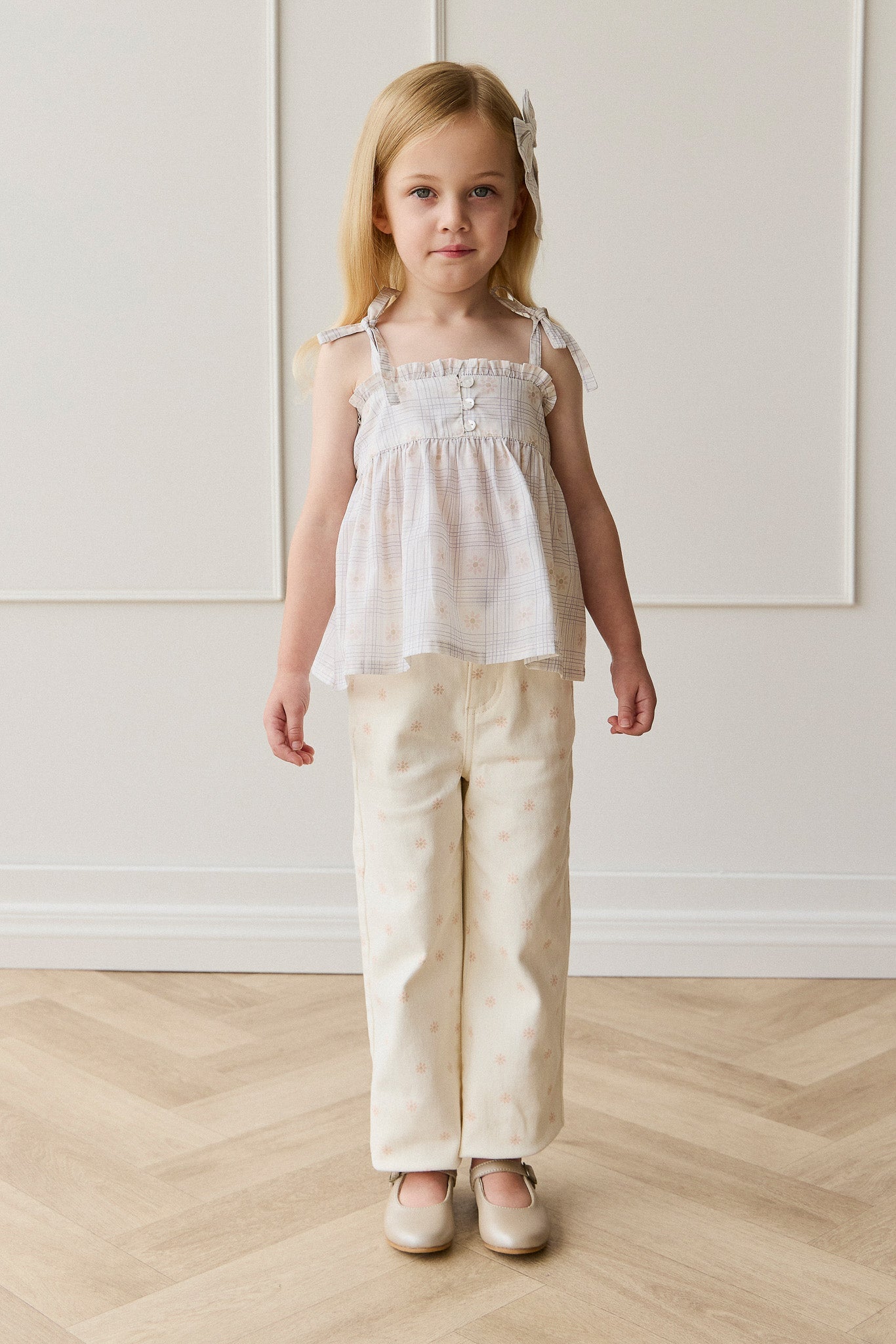 Pantalon droit en coton crème pour fille, taille élastique, doux et respirant