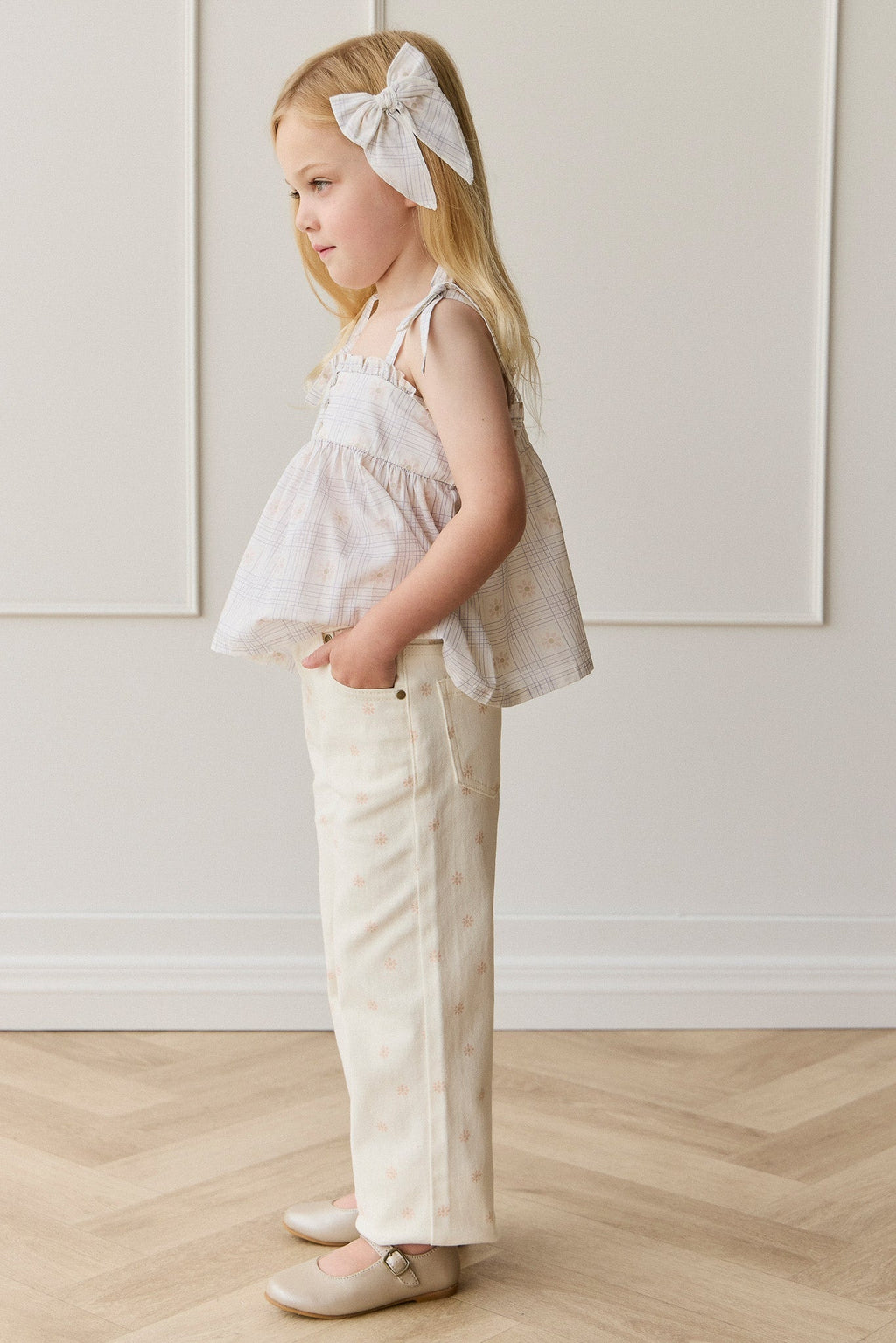 Pantalon droit en coton crème pour fille, taille élastique, doux et respirant