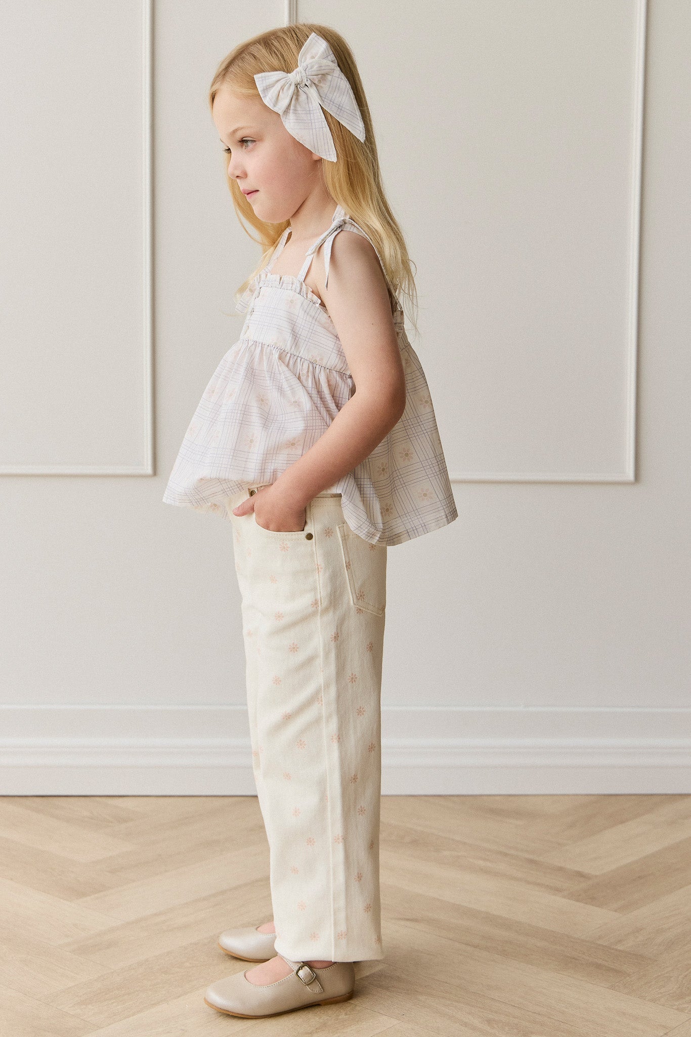 Pantalon droit en coton crème pour fille, taille élastique, doux et respirant