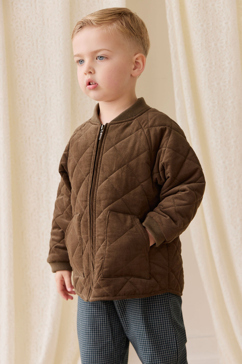 Blouson aviateur zippé matelassé marron en coton chaud pour garçons