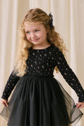 Robe en tulle pour fille, noir ébène, motif floral foncé, manches longues et jupe plissée