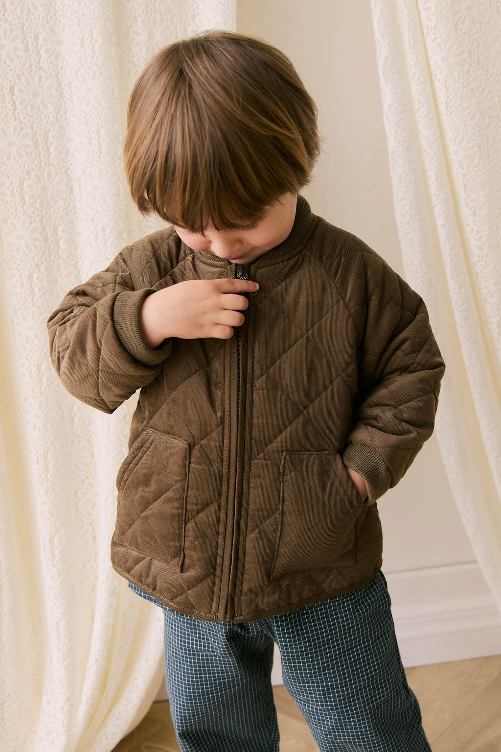 Blouson aviateur zippé matelassé marron en coton chaud pour garçons