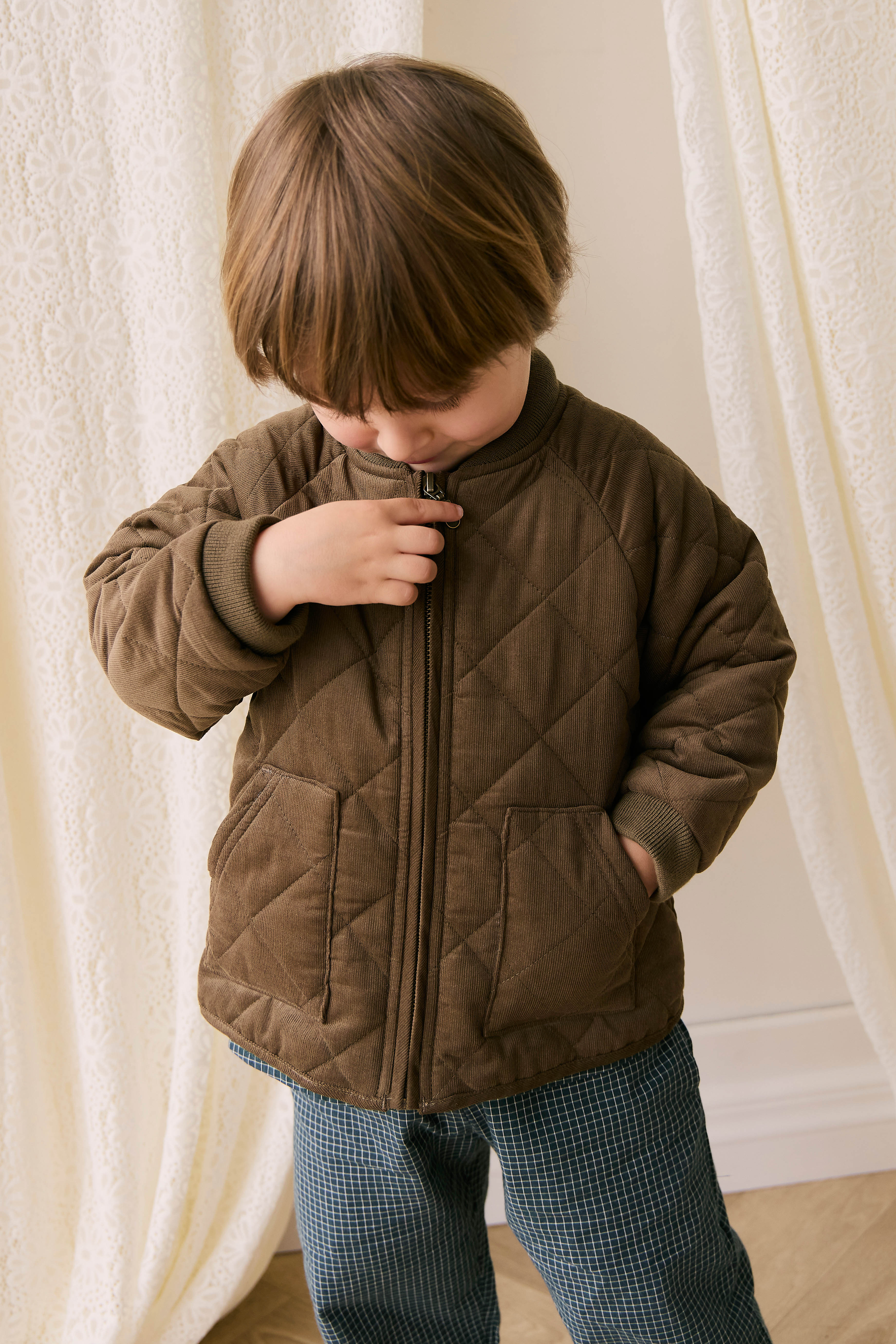 Blouson aviateur zippé matelassé marron en coton chaud pour garçons