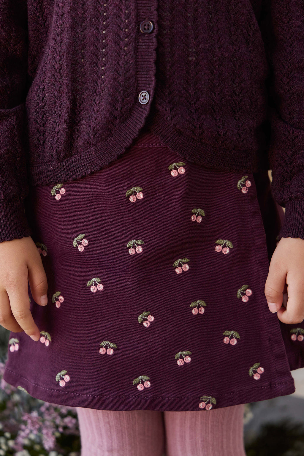 Jupe Tournoyante en Coton Imprimé Cerise et Figue Fille Motif Cerises Rouge Profond