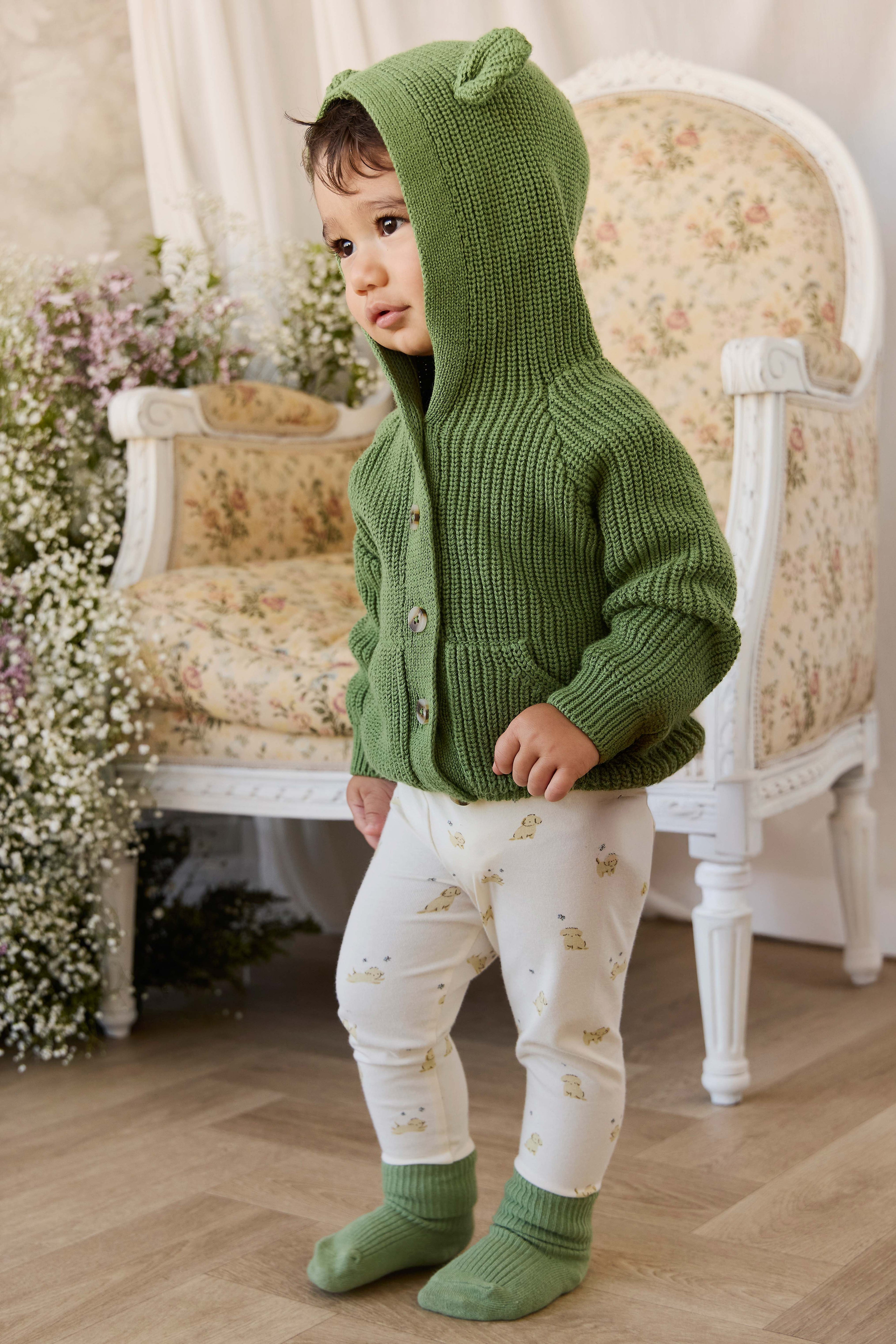 Gilet en tricot avec oreilles d'ours et capuche pour bébé et tout-petit, boutonné sur le devant, vert