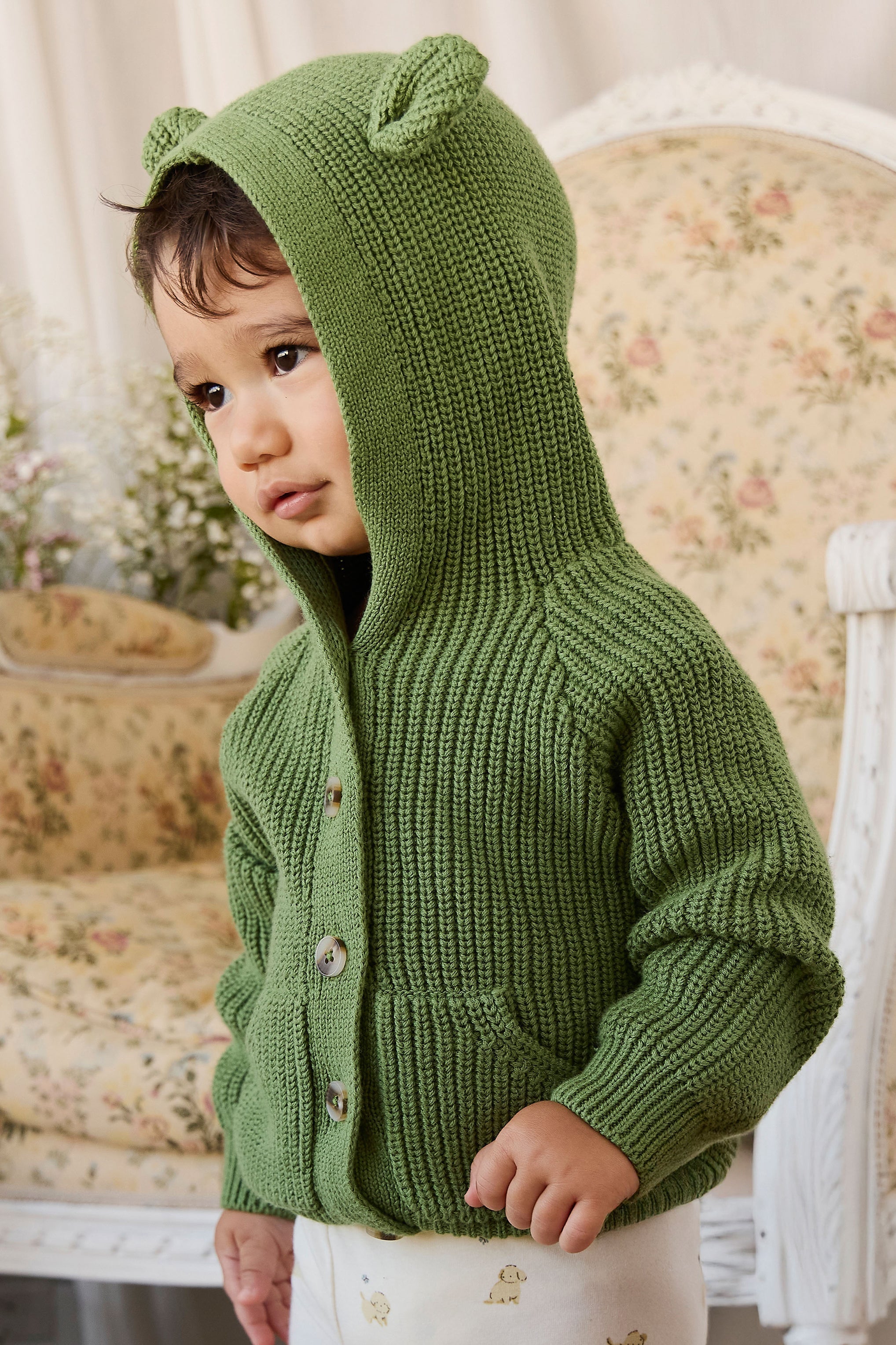 Gilet en tricot avec oreilles d'ours et capuche pour bébé et tout-petit, boutonné sur le devant, vert