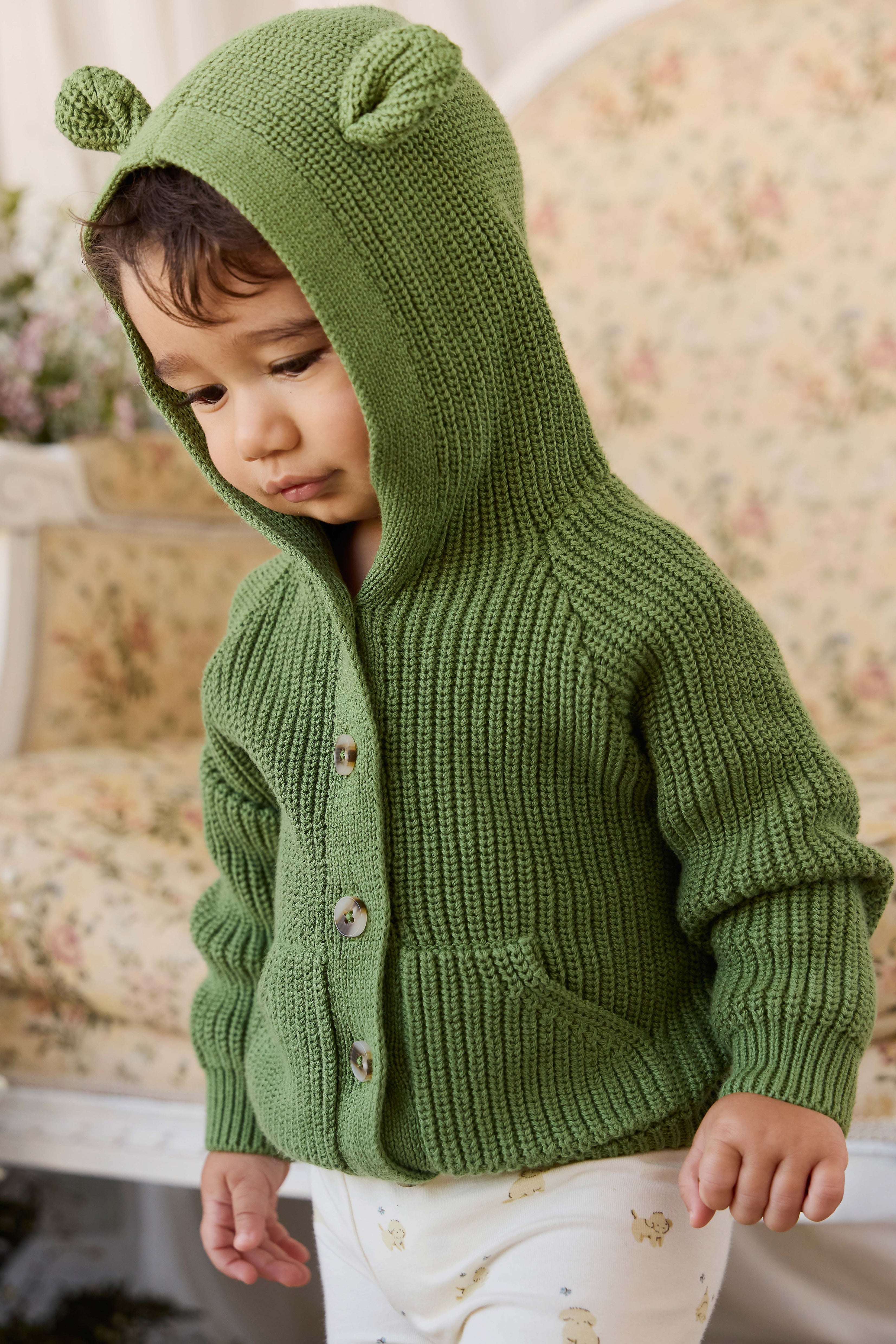 Gilet en tricot avec oreilles d'ours et capuche pour bébé et tout-petit, boutonné sur le devant, vert