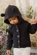 Gilet bébé/tout-petit à capuche et oreilles d'ours en tricot gris foncé, boutonné