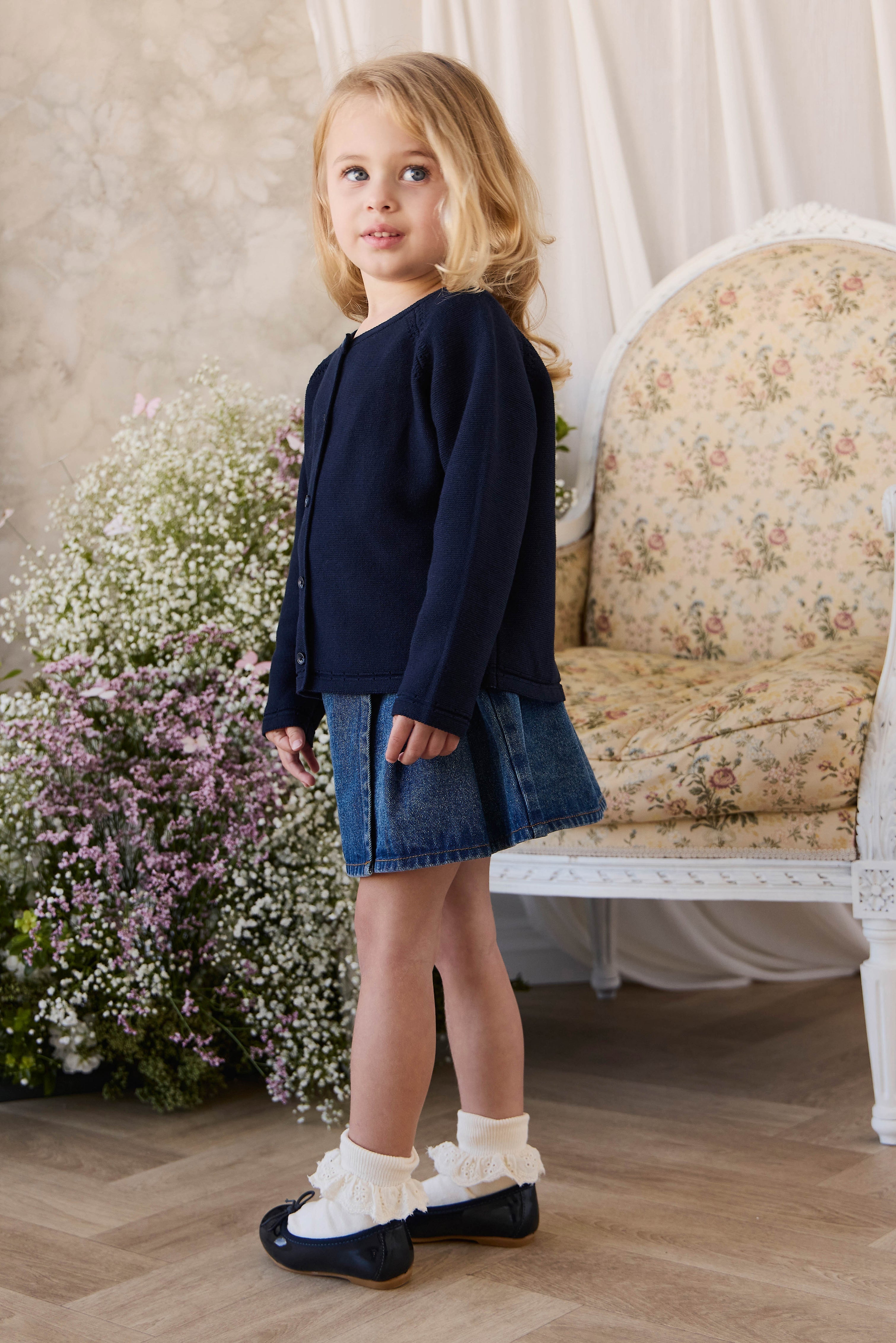 Cardigan en maille boutonnée en coton biologique bleu marine pour fille