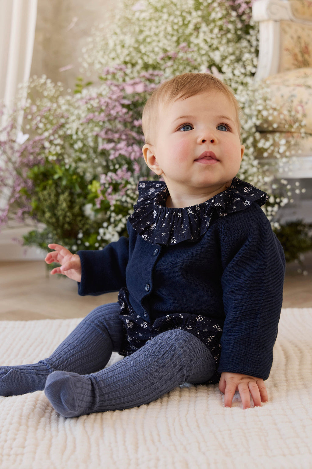 Cardigan en maille boutonnée en coton biologique bleu marine pour fille