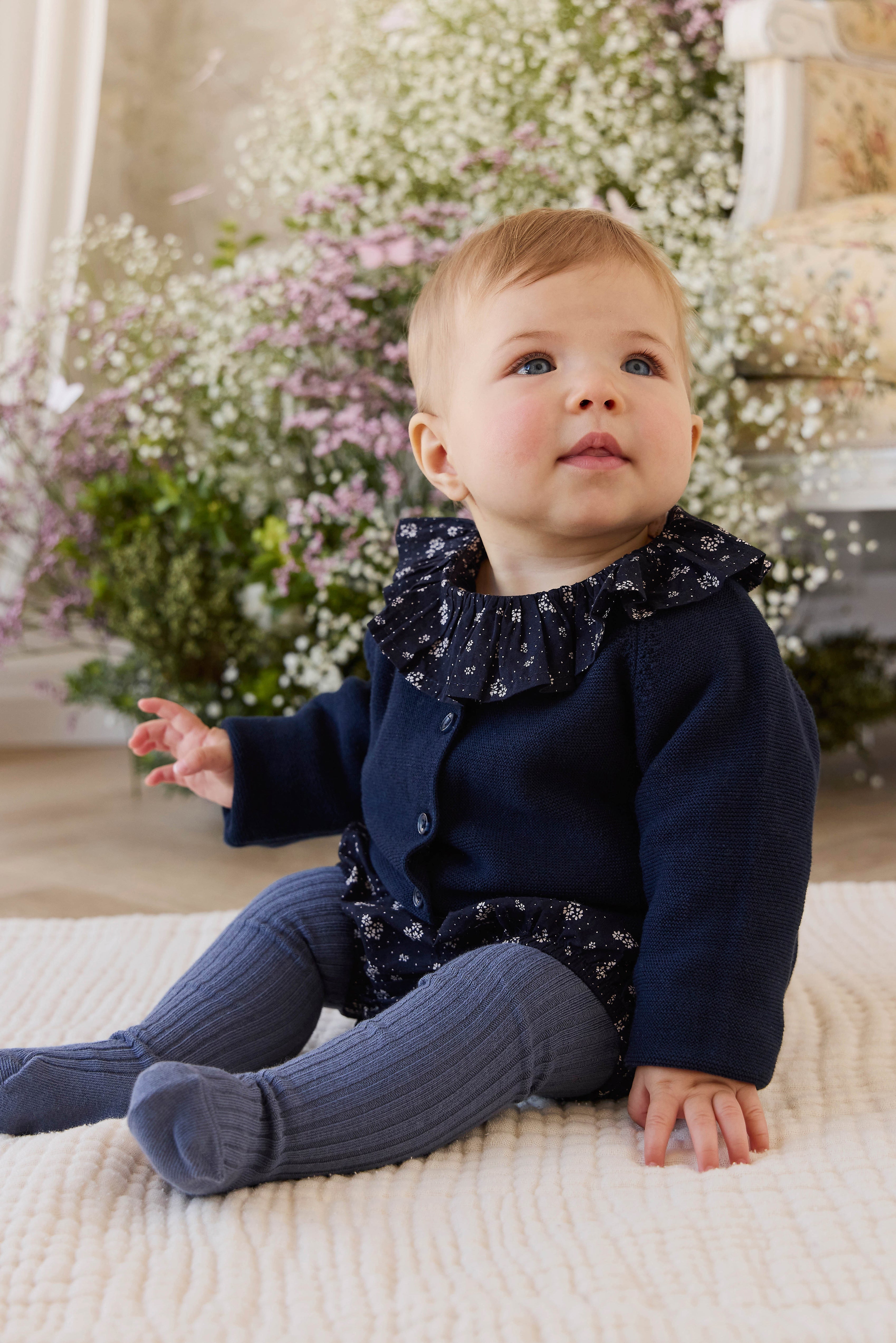 Cardigan en maille boutonnée en coton biologique bleu marine pour fille