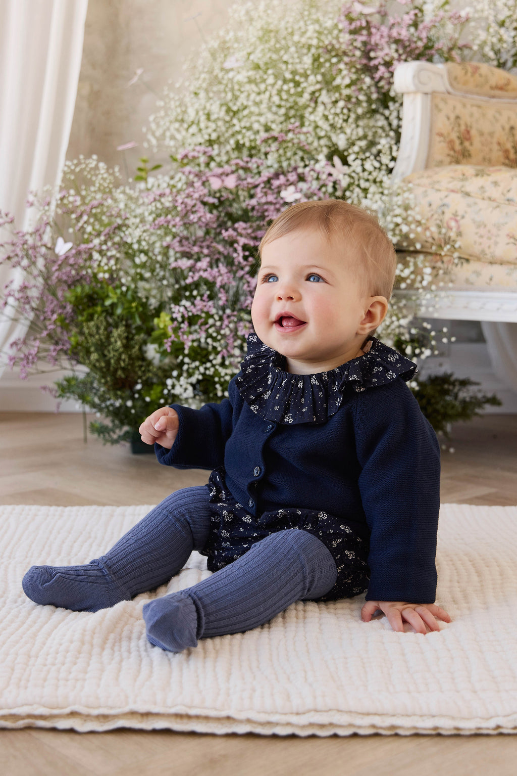 Cardigan en maille boutonnée en coton biologique bleu marine pour fille