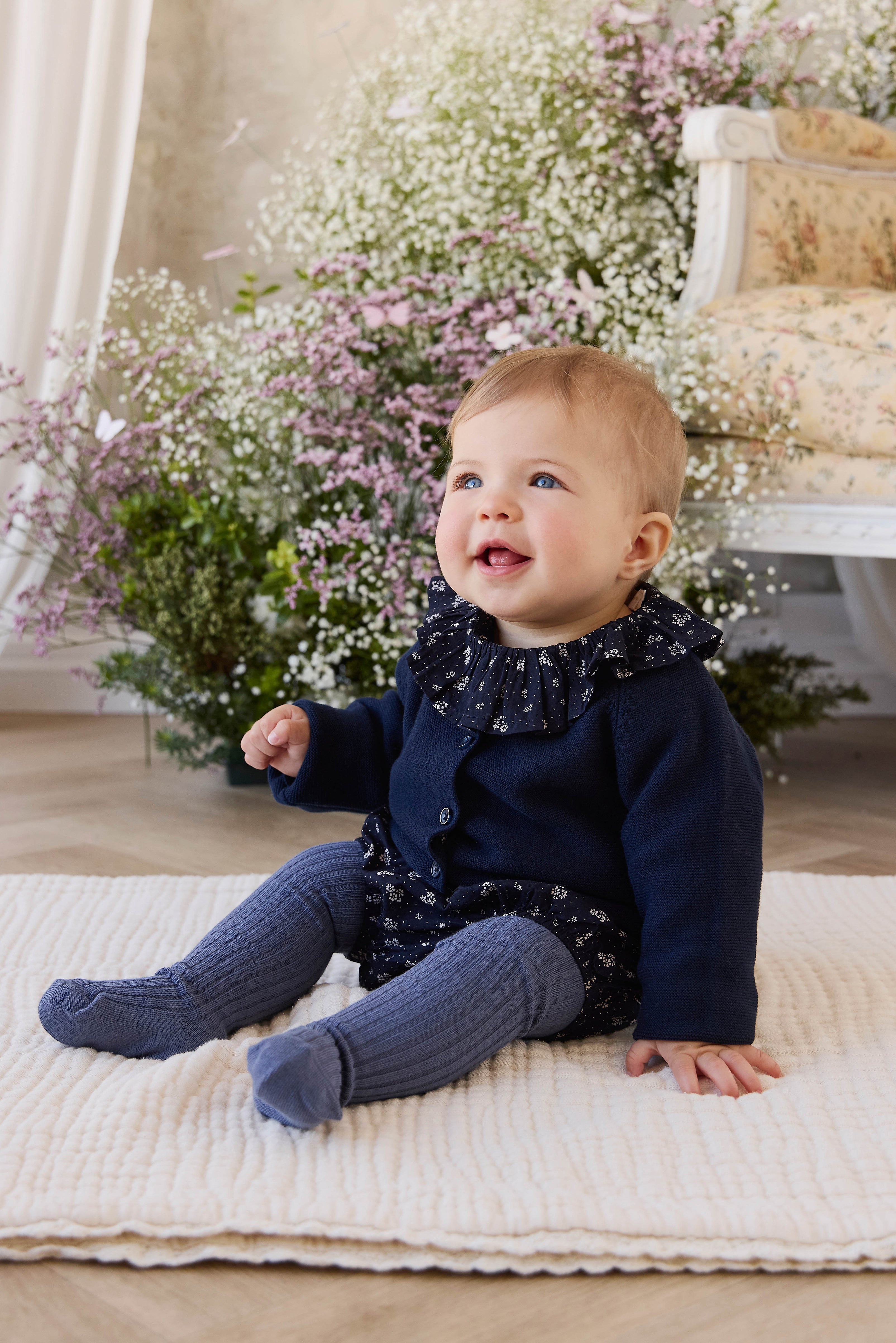 Cardigan en maille boutonnée en coton biologique bleu marine pour fille