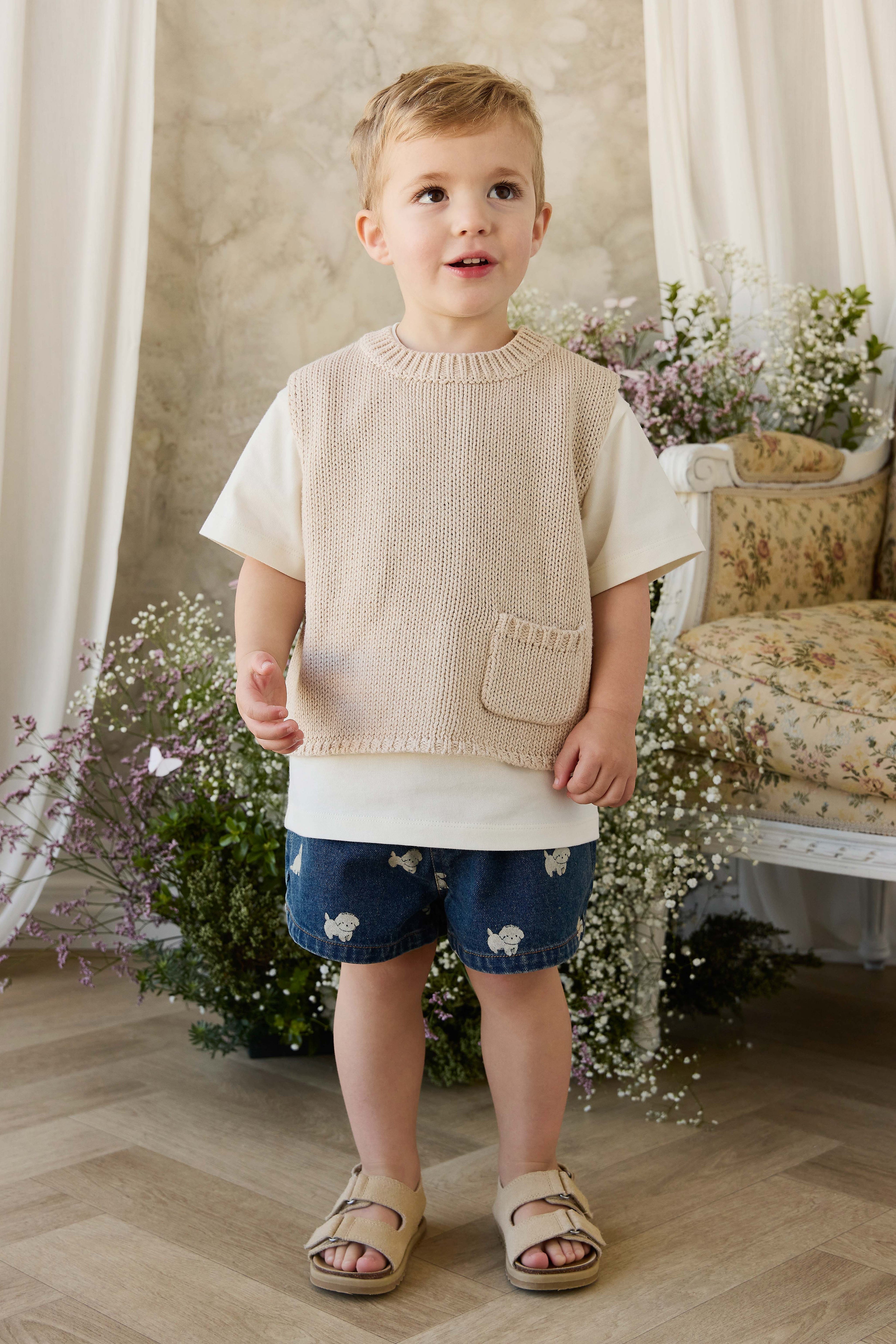 Gilet Enfant Vintage en Coton et Lin Tricoté avec Poche Avant