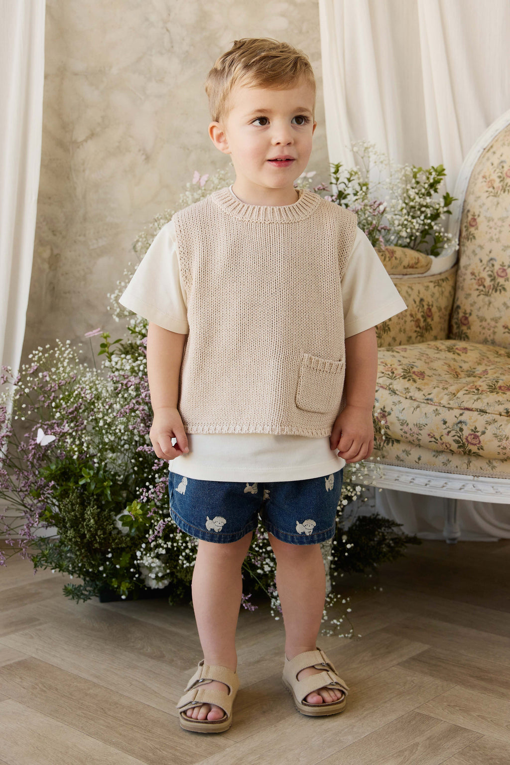Gilet Enfant Vintage en Coton et Lin Tricoté avec Poche Avant