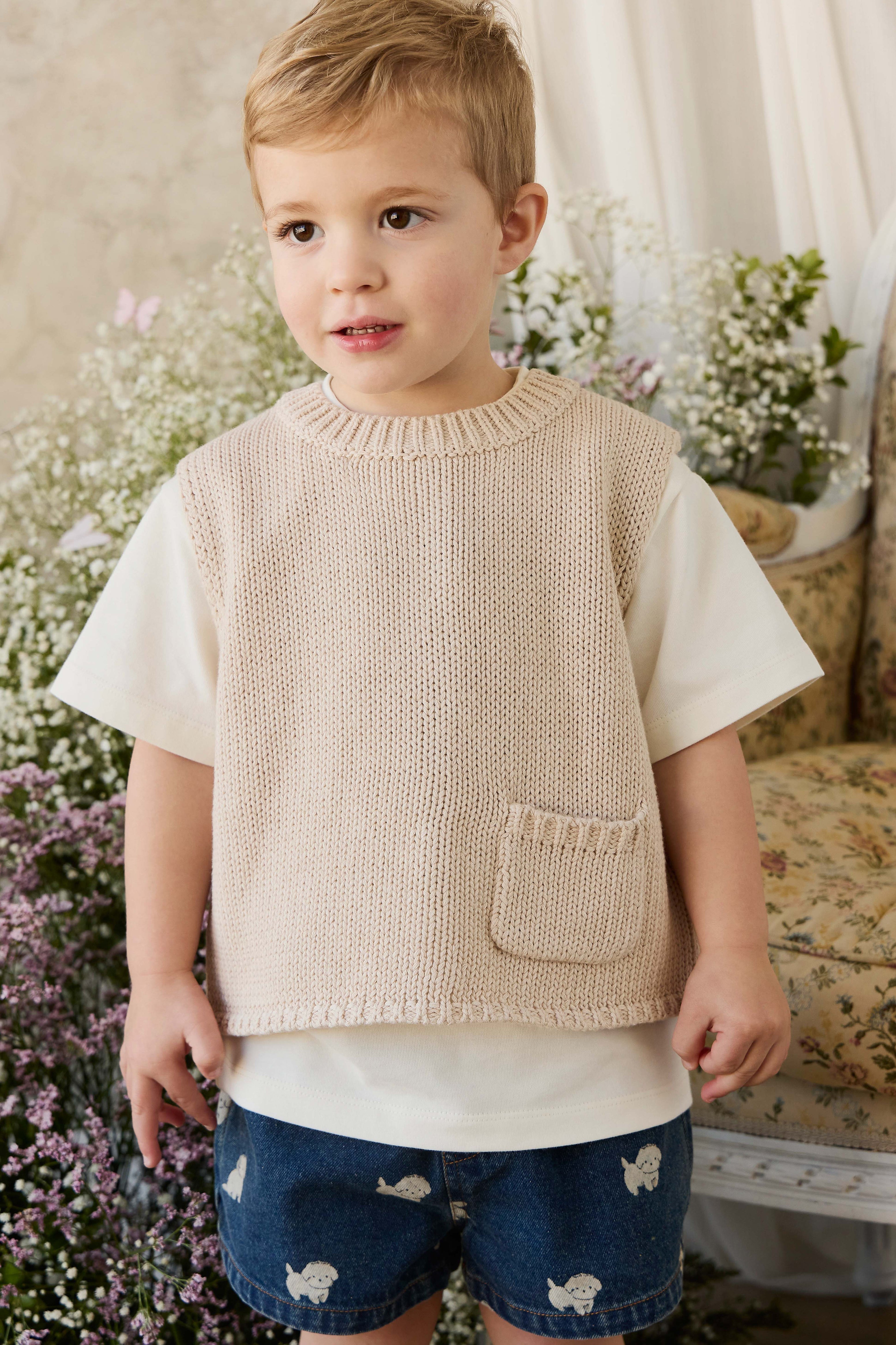 Gilet Enfant Vintage en Coton et Lin Tricoté avec Poche Avant